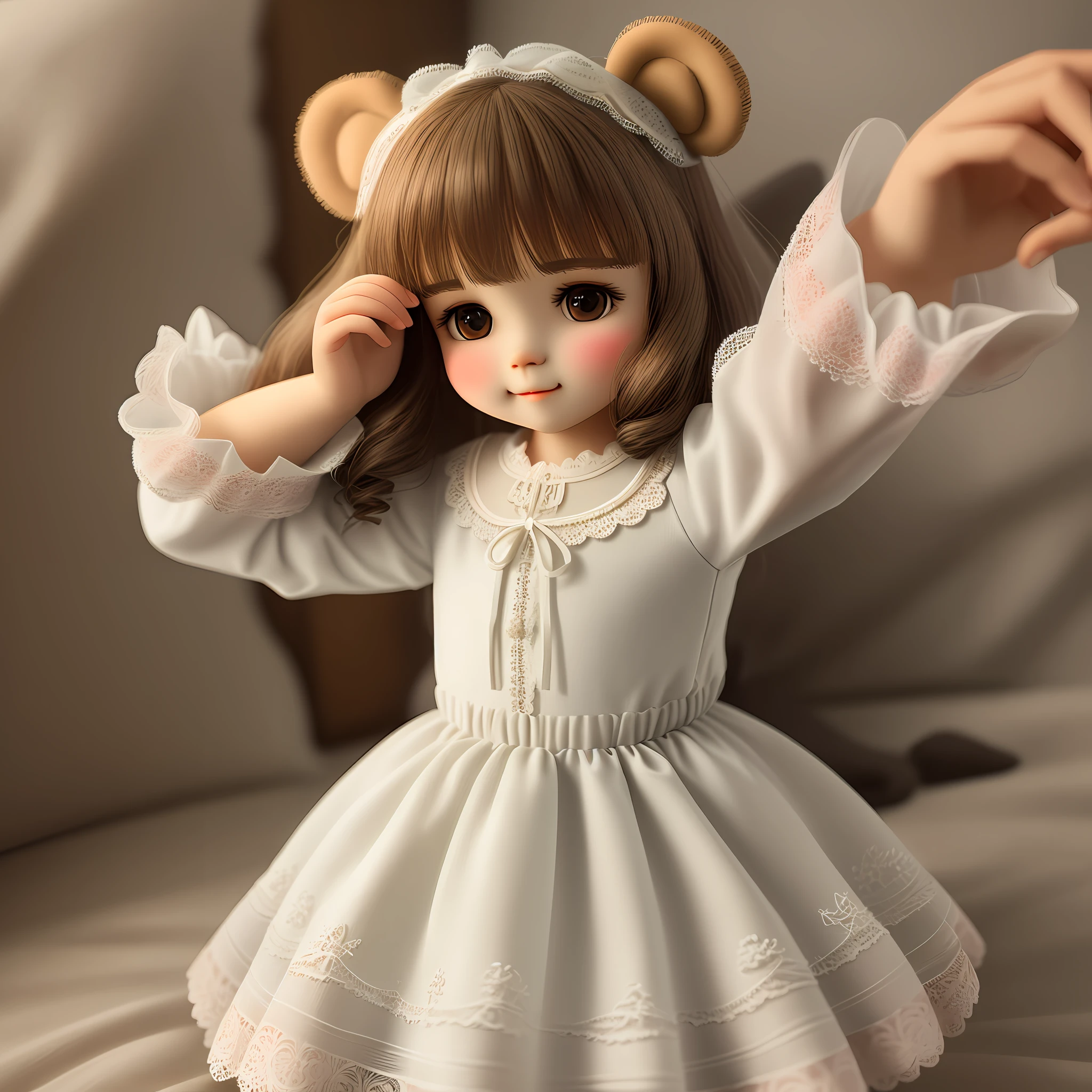 Create a teddy bear, very cute, using a lace, in 3d, high definition.