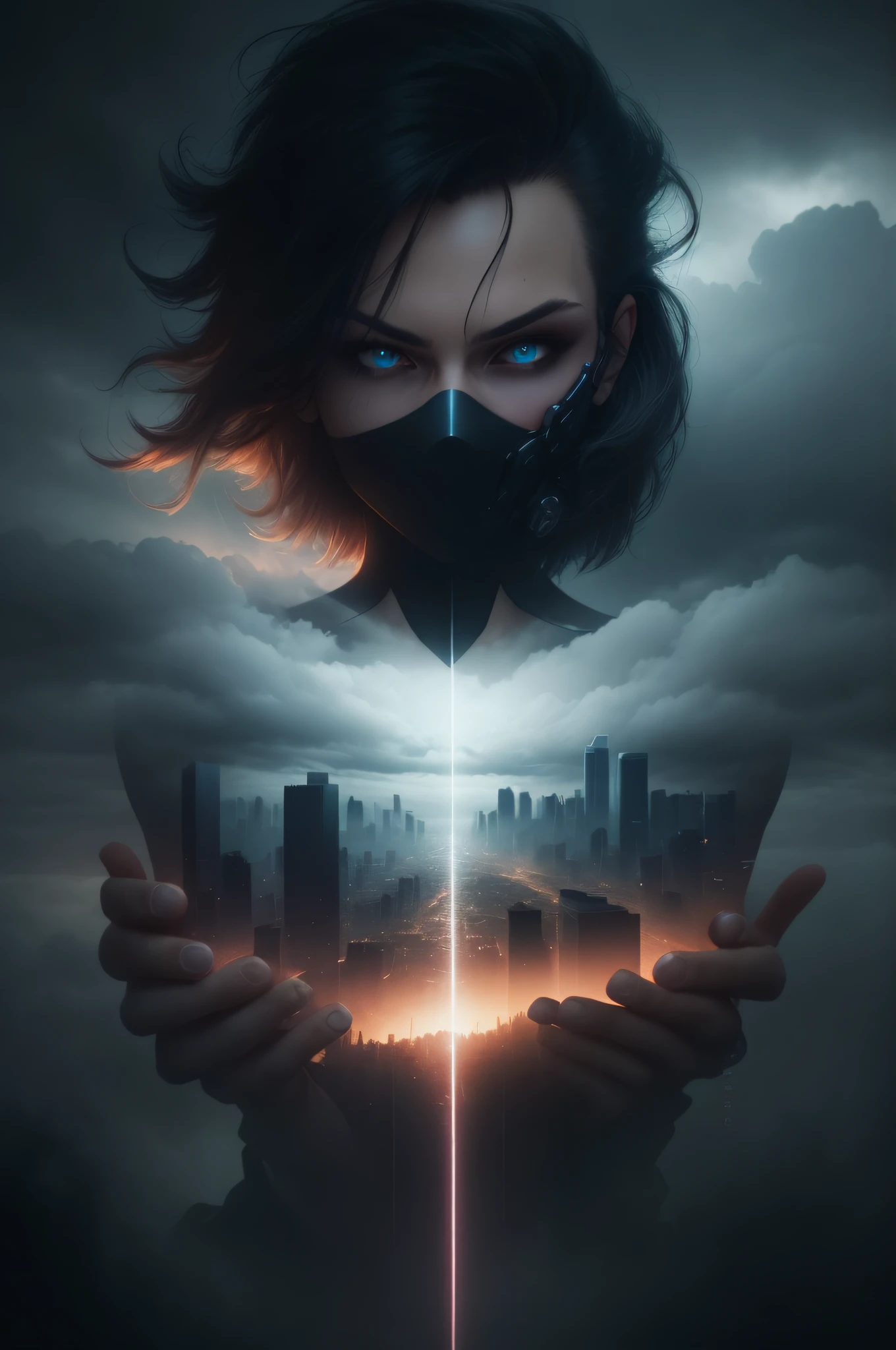 cyberpunk [foggy cityscape in the distance : very pretty girl, city:0.33] immersed in a giant flow of wind, living in a thunder cloud, behind the cloud, (double exposure:1.3), photo by Brandon Woelfelmist, surreal dream, gray atmosphere, rainy day, dynamic, lut, hdr
