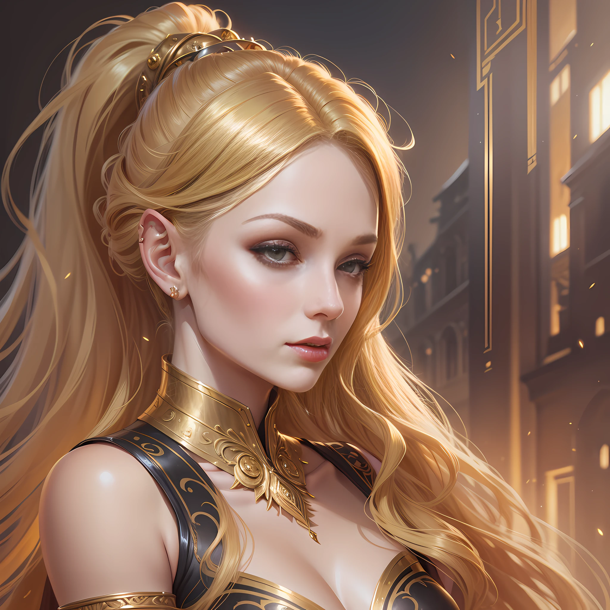 a close up of a woman in a gold dress with a ponytail, side portrait of elven royalty, golden corset, elegant digital painting, a steampunk beautiful goddess, digital art of an elegant, charlie bowater character art, fantasy art portrait, inspired by Alexandre Cabanel, inspired by Charlie Bowater, style of charlie bowater, beautiful character painting, gorgeous digital painting