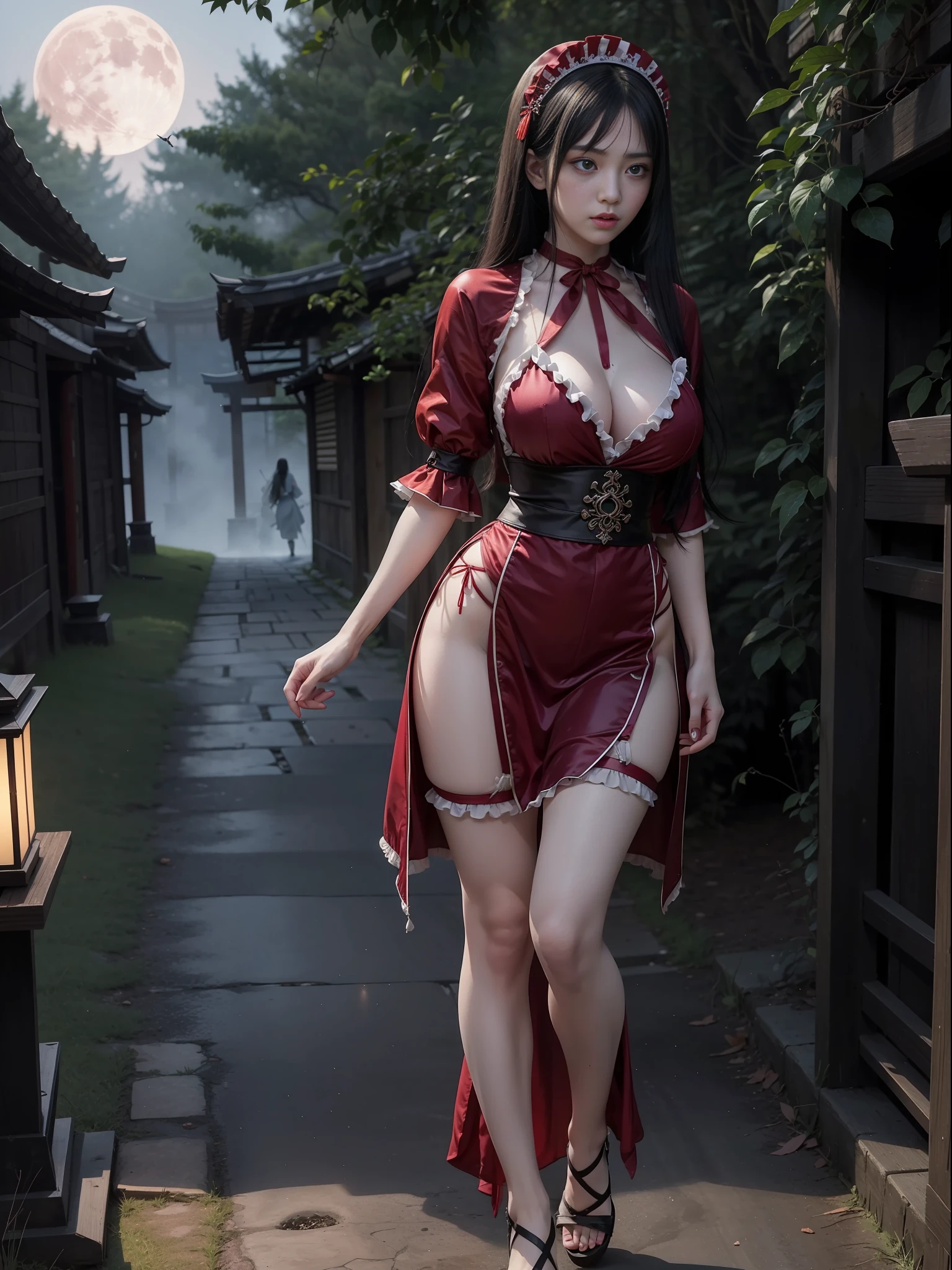 Full body photo, Fatal Frame Crimson butterfly, "a woman and a ghost/zombie woman", "she is wearing an extremely tight maid outfit, half torn in the body, with a maid headdress on her head, she has green eyes and long black hair, the her clothes are wet and semi transparent"," the ghost is behind her with a white semi transparent costume with big breasts and clothes very tight on her body holding her from behind", they are in an ancient Japanese village at night with fog and a red full moon, Fatal Frame Crimson butterfly, anime, Terror, 16k, best quality, highres, high details, UHD, masterpiece