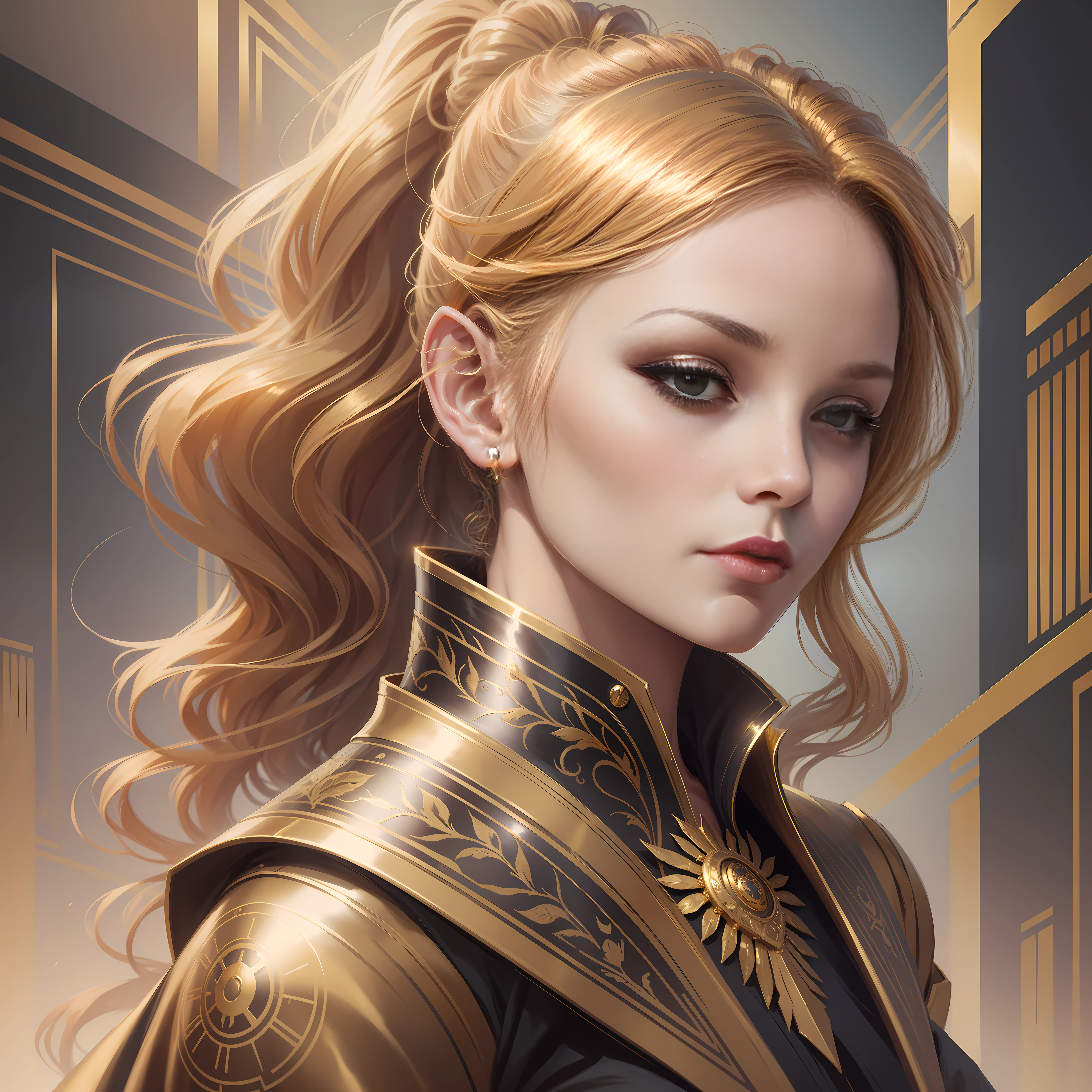 a close up of a woman in a gold dress with a ponytail, side portrait of elven royalty, golden corset, elegant digital painting, a steampunk beautiful goddess, digital art of an elegant, charlie bowater character art, fantasy art portrait, inspired by Alexandre Cabanel, inspired by Charlie Bowater, style of charlie bowater, beautiful character painting, gorgeous digital painting