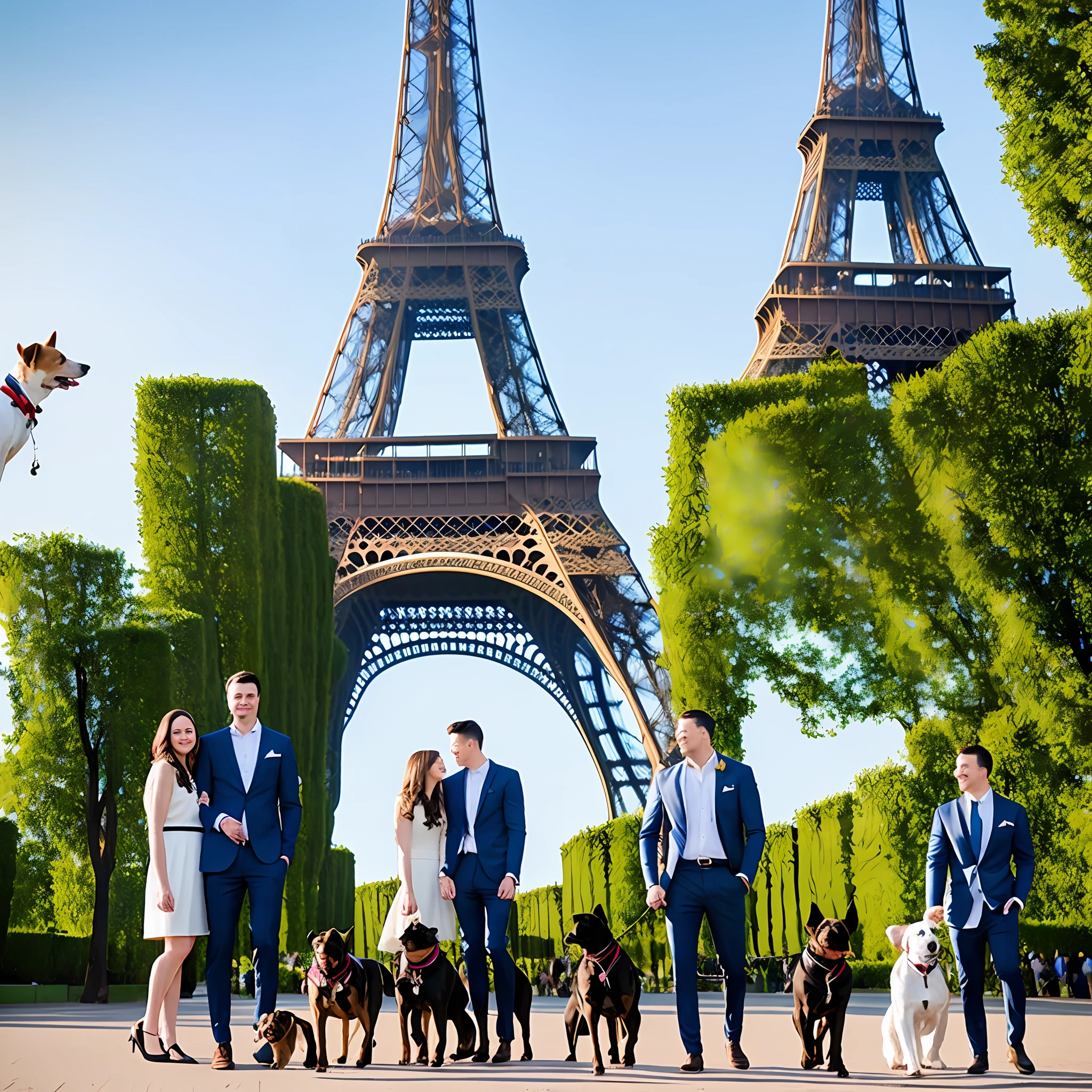 A well-dressed couple in front of the Eiffel Tower with two dogs