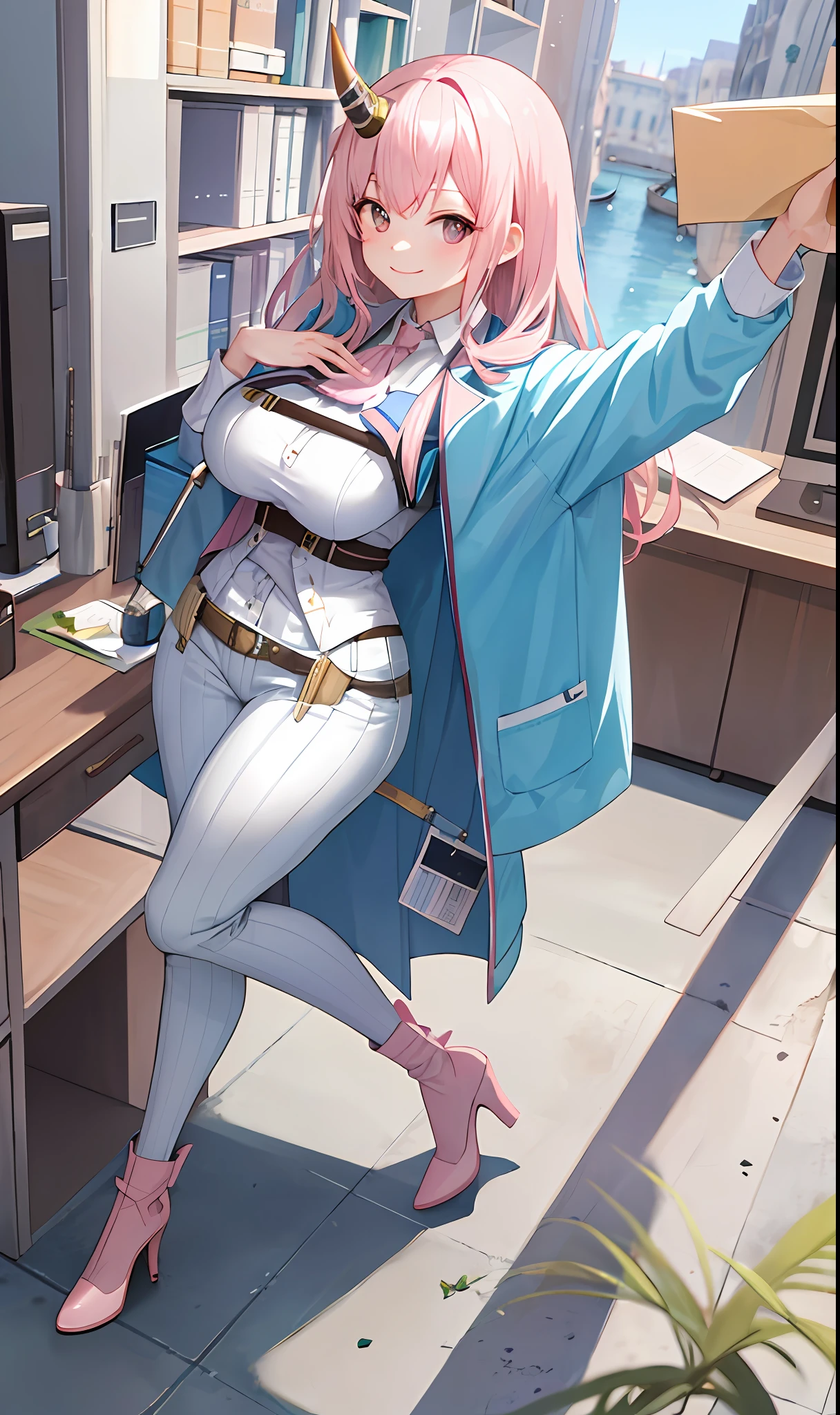 ((Masterpiece, Best Quality)), (1 person), (()), Pale Pink Hair, Hello, Horn, (OL)), Bangs, Medium, (Breast Augmentation), Slim, Smile, [Wide Hips], Office, Standing, There \ (Blue Archive)