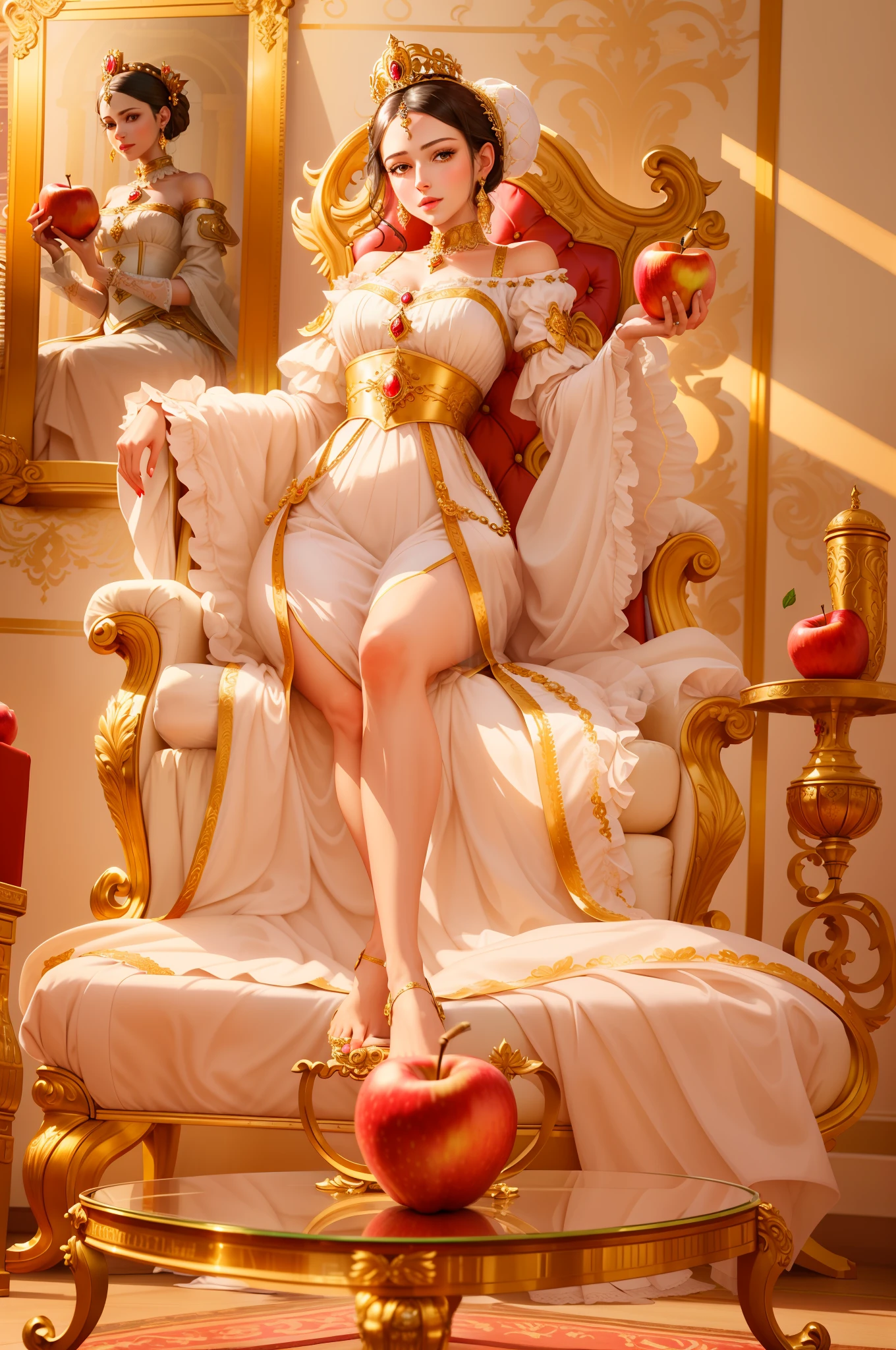 There is a woman sitting on a chair with an apple in her hand, ((a beautiful empress)), ornate white dress, rococo queen, on her throne, elegant royal pose, sitting on her throne, a beautiful empress, sitting on a white throne with golden frame, charming languid princess, on a baroque throne. Black hair, realistic face