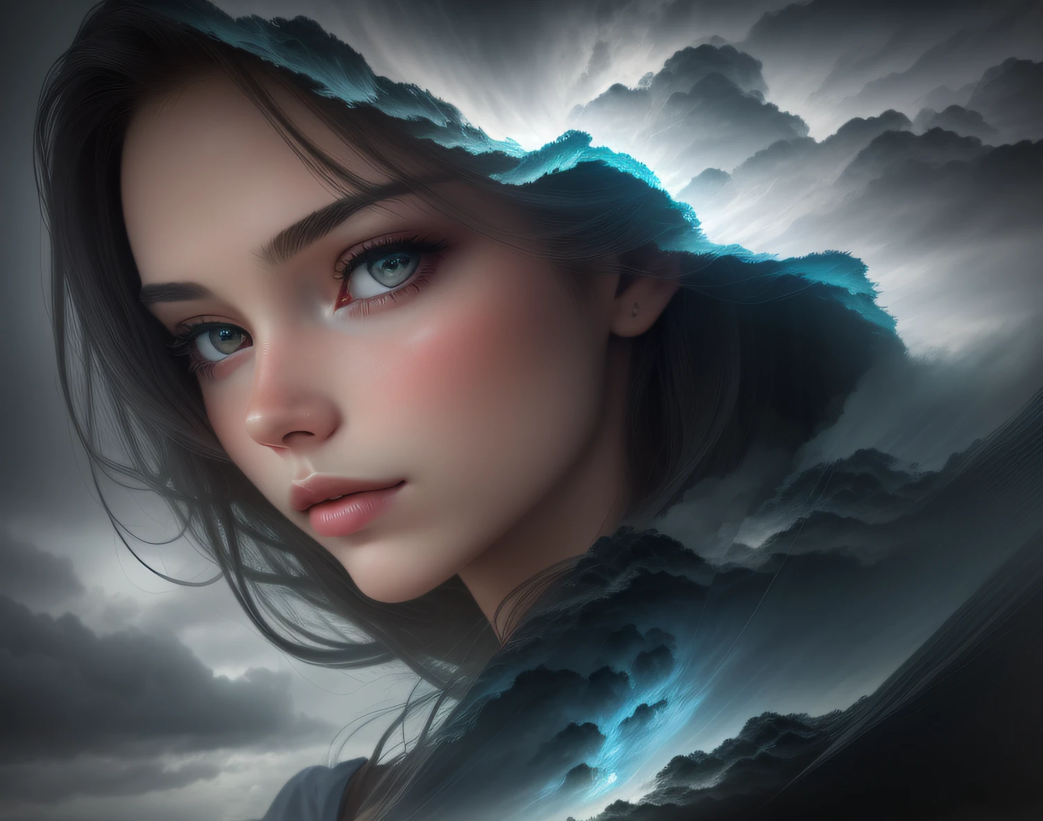 very pretty girl immersed in a giant flow of wind, living in a thunder cloud, movie poster, behind the cloud, languid sexy look, (double exposure:1.3), mist, surreal dream, gray atmosphere, rainy day, dynamic, lut, hdr