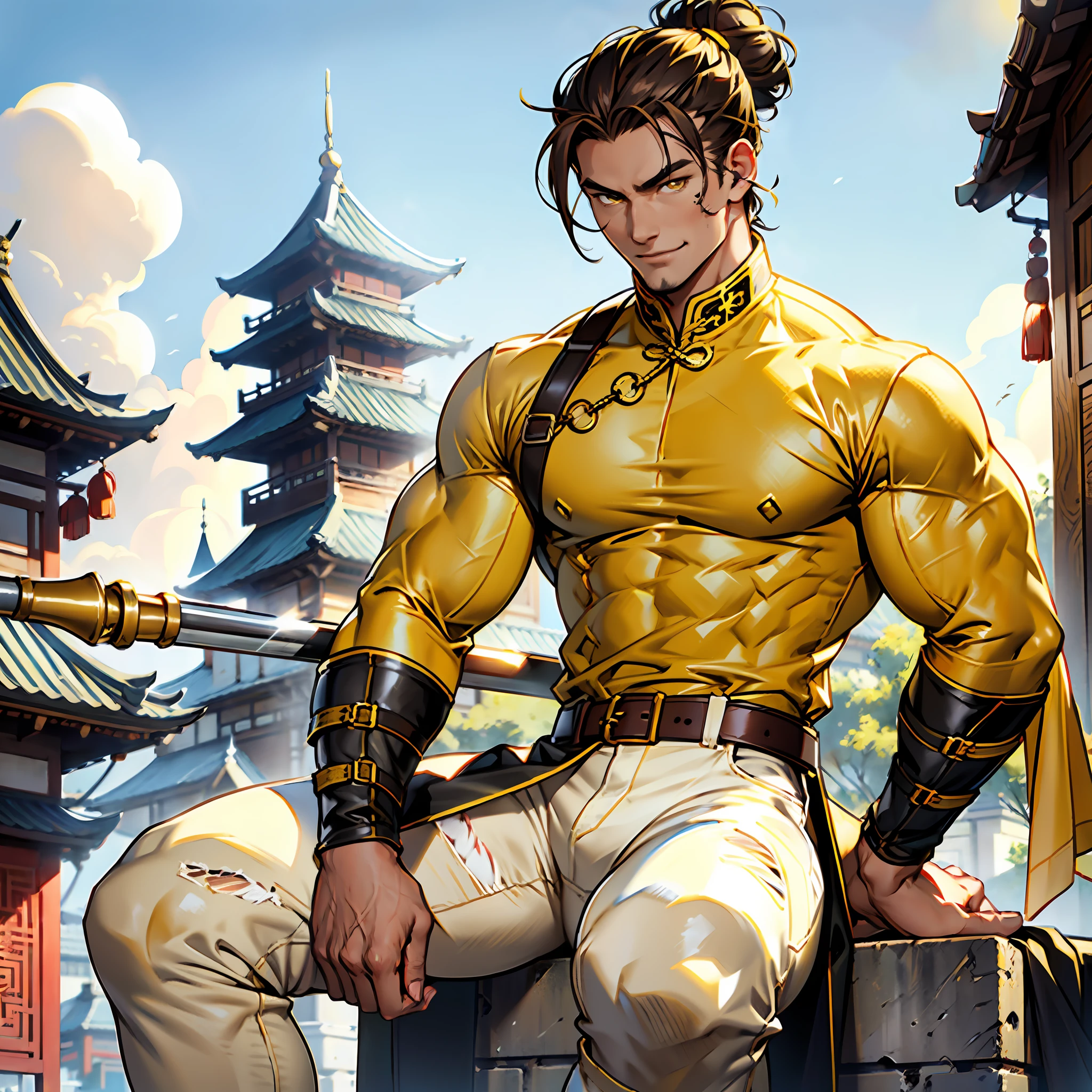 Muscular man, alone, holding a golden spear, hair tied in bun, dark brown hair, Chinese-looking man, ((burnt yellow social blouse, long white jeans)), black military boot, smile, yellow colored eyes, castle, costume.