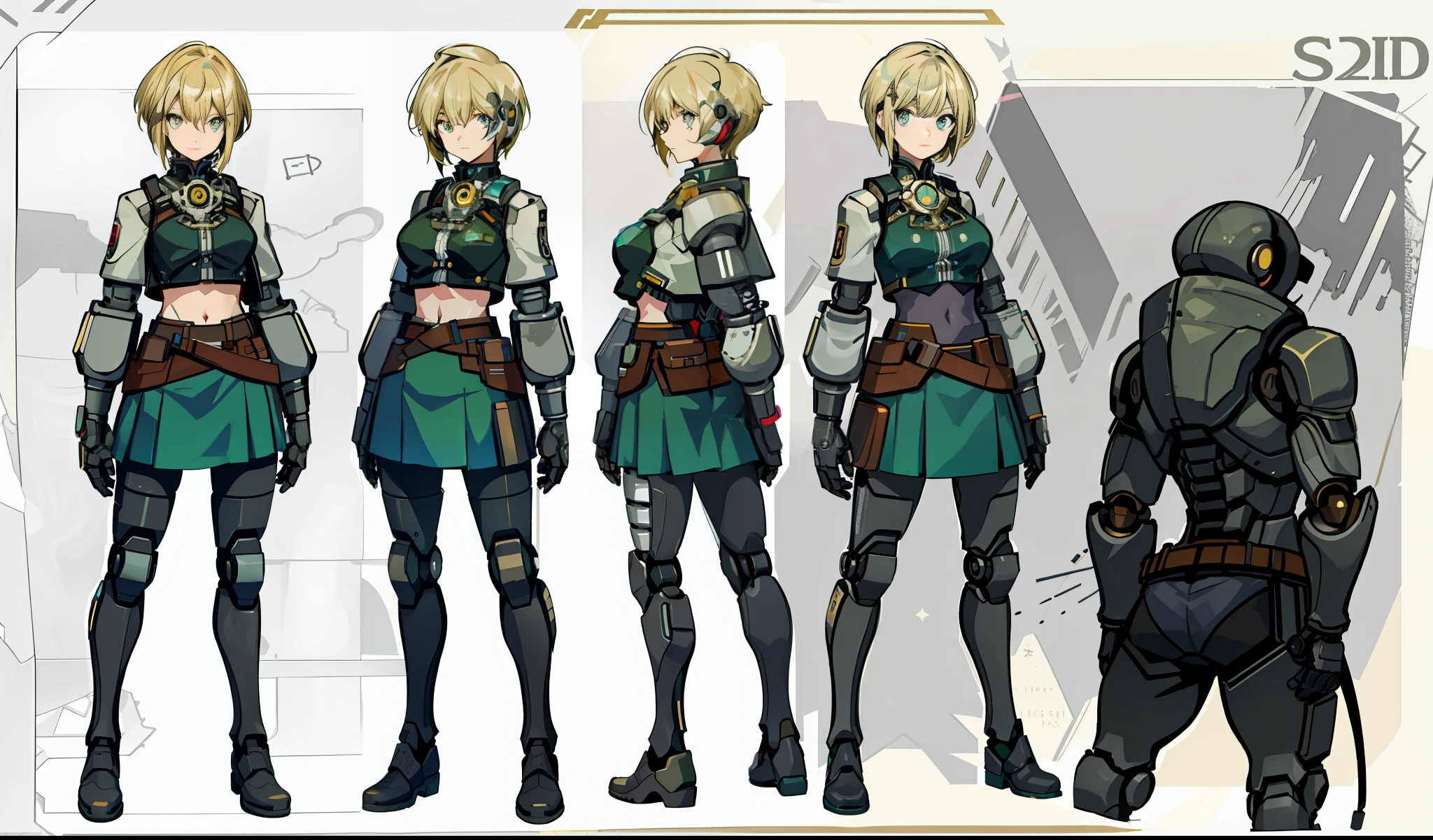 German girl, character sheet, concept art, full body, (masterpiece:1.2), (best quality:1.3), 1girl, standing front, standing rear, standing left, standing right, diesel-punk, android, robotic, segmented, robo, robots. skirt, casual outfit, textile fabric, (aesthetic face), (short hair), (cut hair), (straight hair), (golden hair), (light skin), (shy posture), (endowed chest), (large breasts)