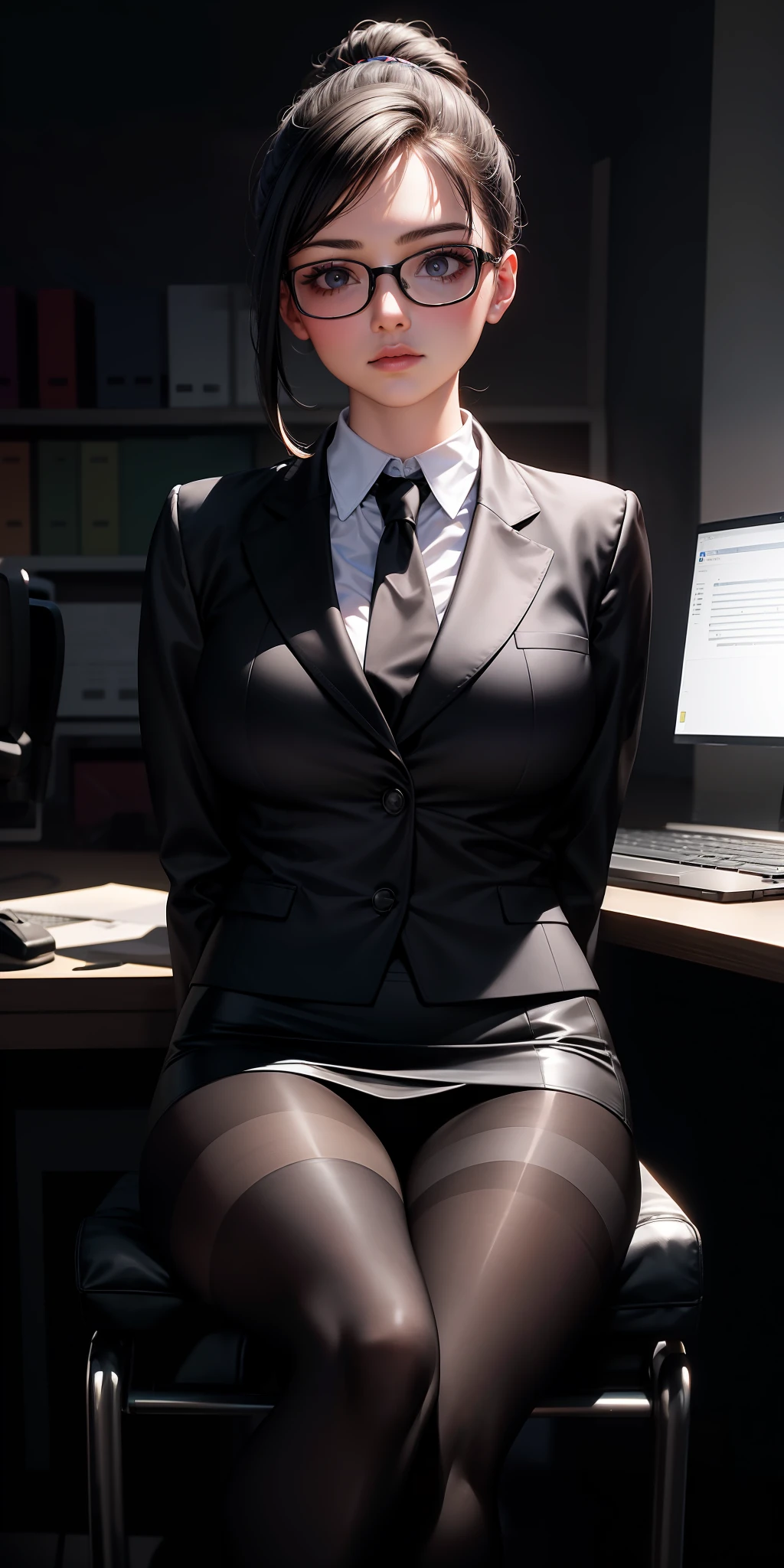 Superior Quality, Masterpiece, Ultra High Resolution, (Photorealistic: 1.4), Raw Photo, Deep Shadows, a girl, business casual clothing, pantyhose, sitting in a wheelchair, inside an office, wearing black glasses, hair tied, sculptural body, office setting with computers and electronics, white blouse, black skirt