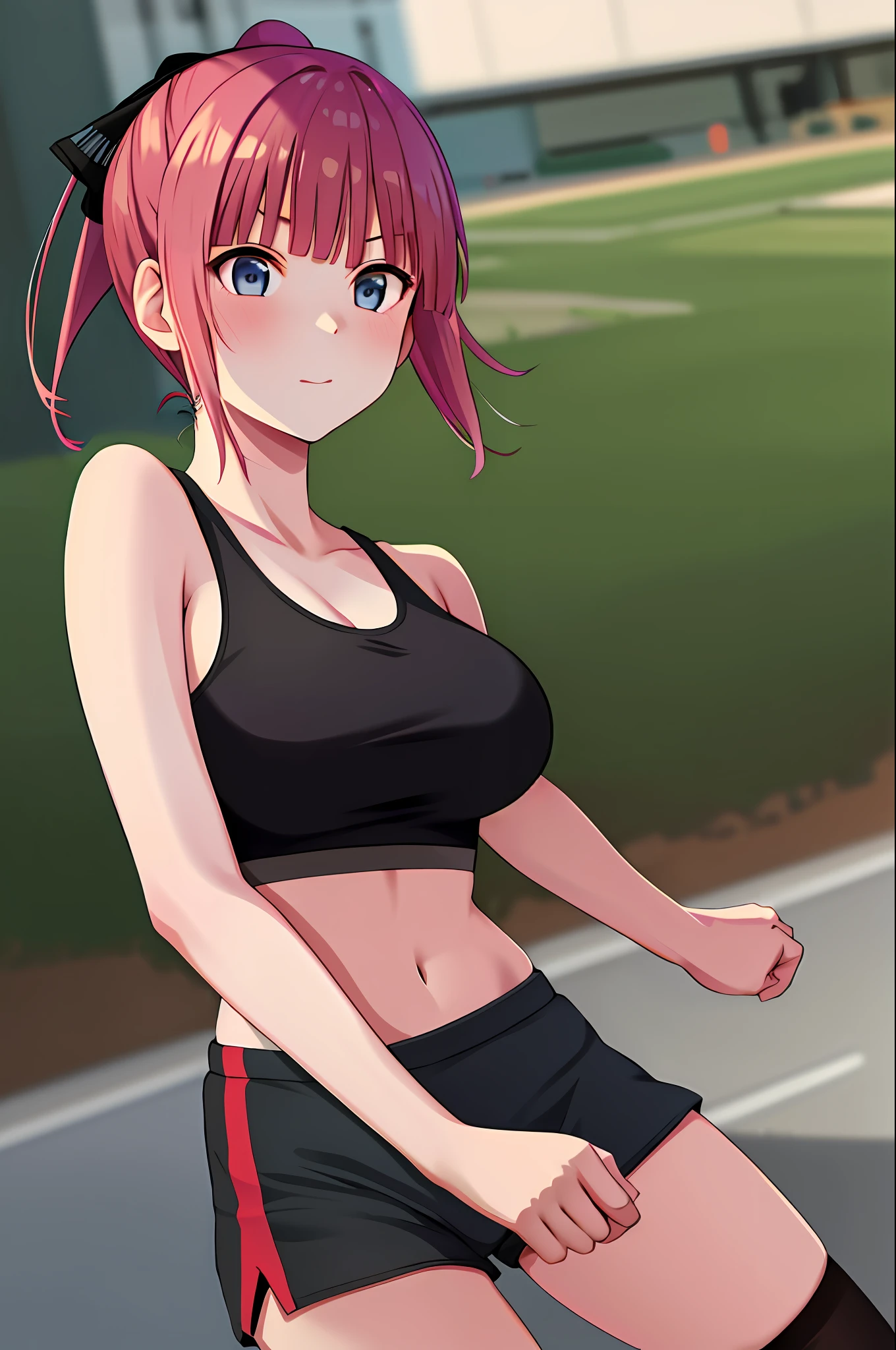 masterpiece, best quality, highres, nn1, 1girl, hair ribbon, short hair, ponytail, black legwear, sports bra, park, running, medium breast, breast out, sexy pose, Nakano Nino,