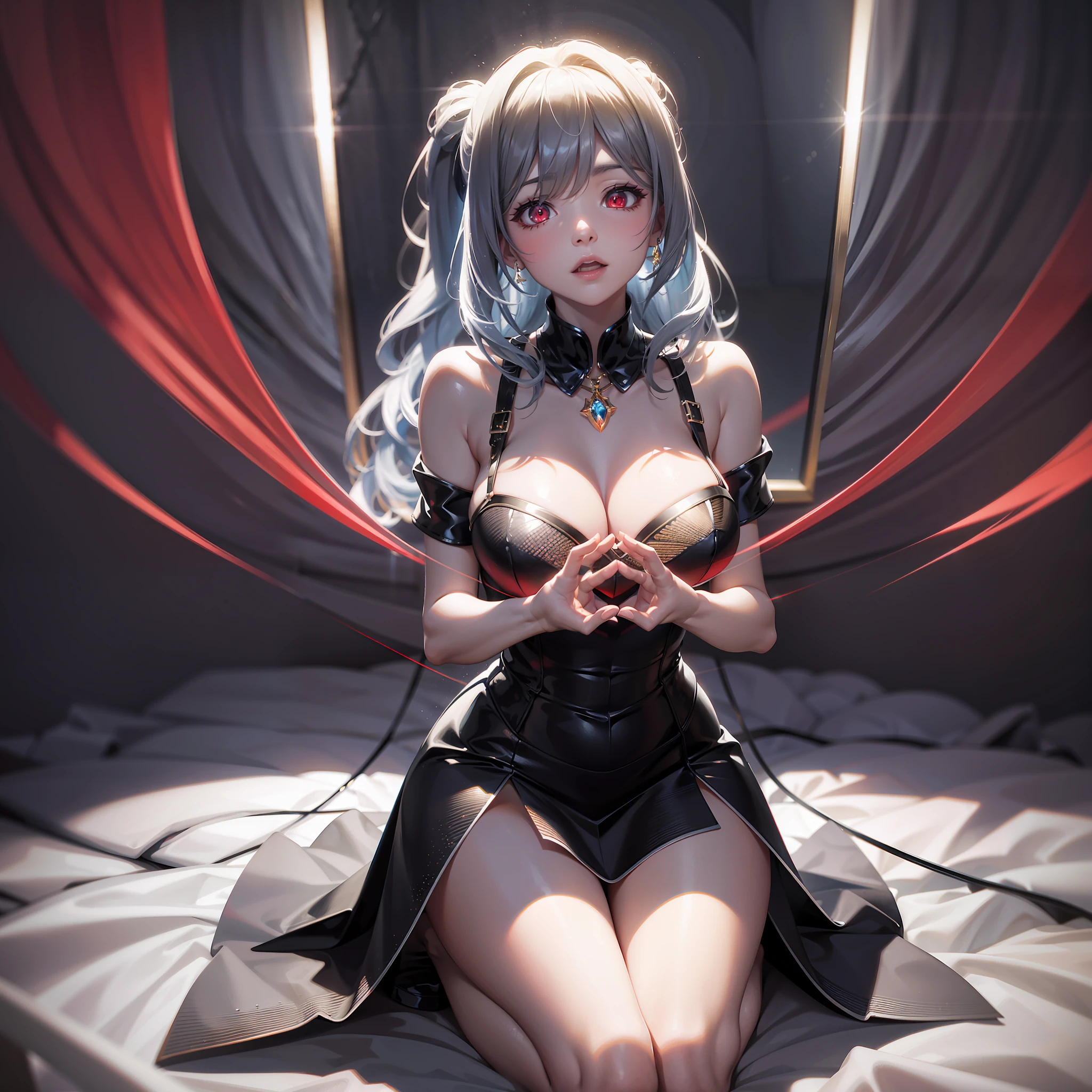 Red dress, short skirt, black stockings, full body, volumetric lighting, intricate details, tonemapping, sharp focus, hyper detailed, absurdres, 1girl, kneeling, praying position,hands between legs, crystal hair, hair spread out, jewelry, dashed eyes, glowing eyes, wide eyes, white eyes, gradient_eyes, anime style, reflection light, cinematic lighting, glowing light, ray tracing, best quality, masterpiece, highres