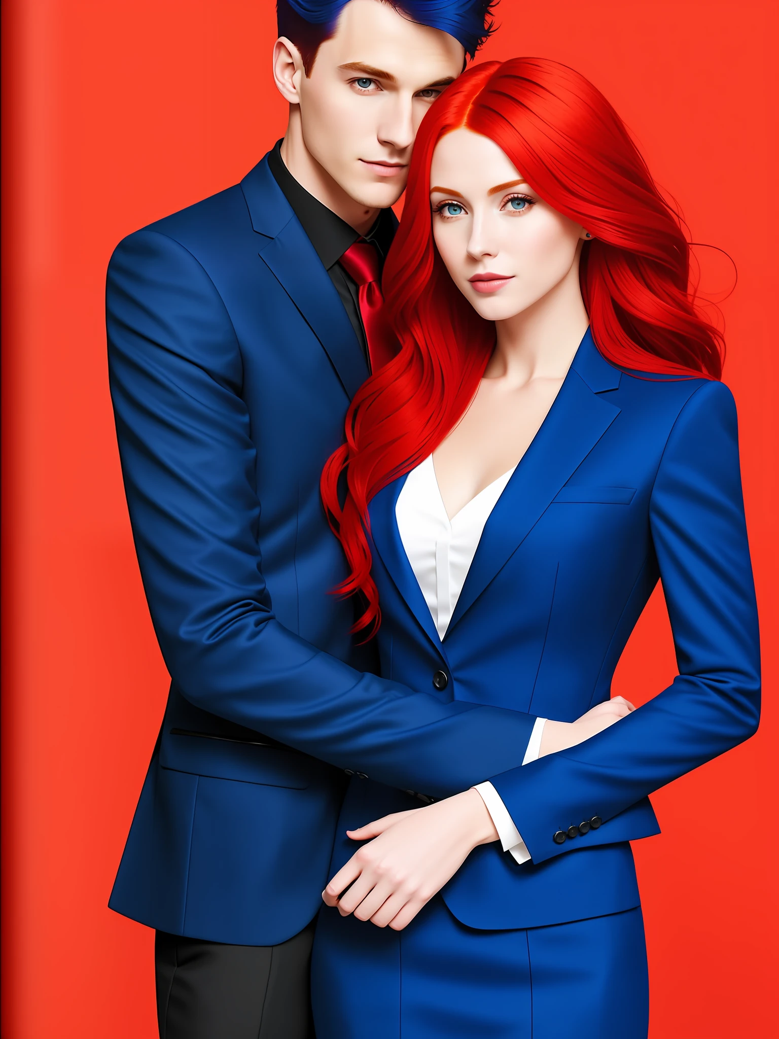 Cover of a book with a red-haired woman cuddled with a man with dark blue hair, they looked at each other in love, him in a suit and she in a red dress, glued together.