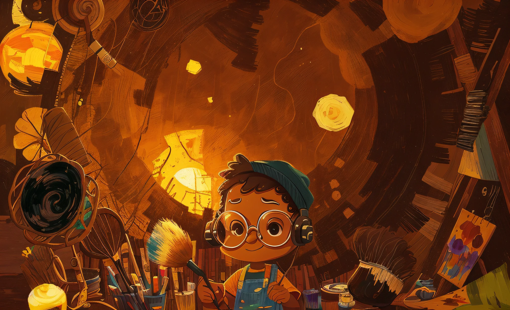 A black boy, round glasses, apron, painter, holding a brush, beanie, headphones, painting, happy, happy, perfect quality, clear focus, children's art in ArtStation (clutter - house: 0.8), (masterpiece: 1.2) (realistic: 1.2) (bokeh) (best quality) (detailed skin: 1.3) (intricate details) (8K) (detail eyes) (sharp focus), (happy), in the background sunset printing, sunset painting,  beautiful uhd art 4 k, sunset, by Van Gogh, sunset!!!!!!!!!!!!!!!!!!!!, painting by Claude Monet