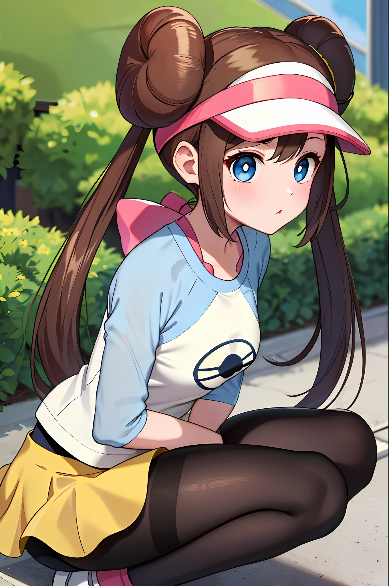 masterpiece, Top quality, High Definition, RO1, Hair bun, Blue eyes, Twin tails, Visor cap, Pantyhose, Raglan sleeves, Yellow shorts, Shirt, Pink bow, Watch, Leaning forward, Gym, Squatting, 30 denier soft touch comfort Tights, See-through, Squatting, Open legs, Thighs, Attractive thighs,