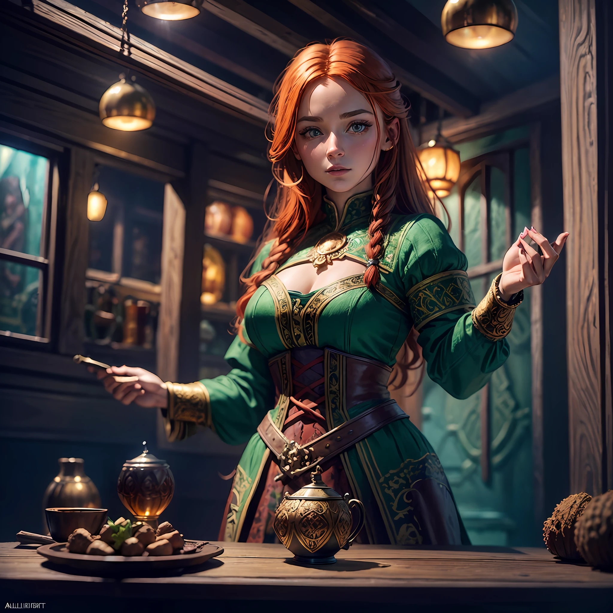 young ginger woman, medieval tale tavern, intricately detailed colorful interior, detailed intense sunrise lightning, deep stage, best geometry, award wining masterpiece, ultra intricate shadows and lighting, best lighting, best shadows, intricate busy setting, ultra detailed intricate background, trending on art station, global illumination, selfilluminated, bioluminescence, midjorney style, art by Albert Bierst