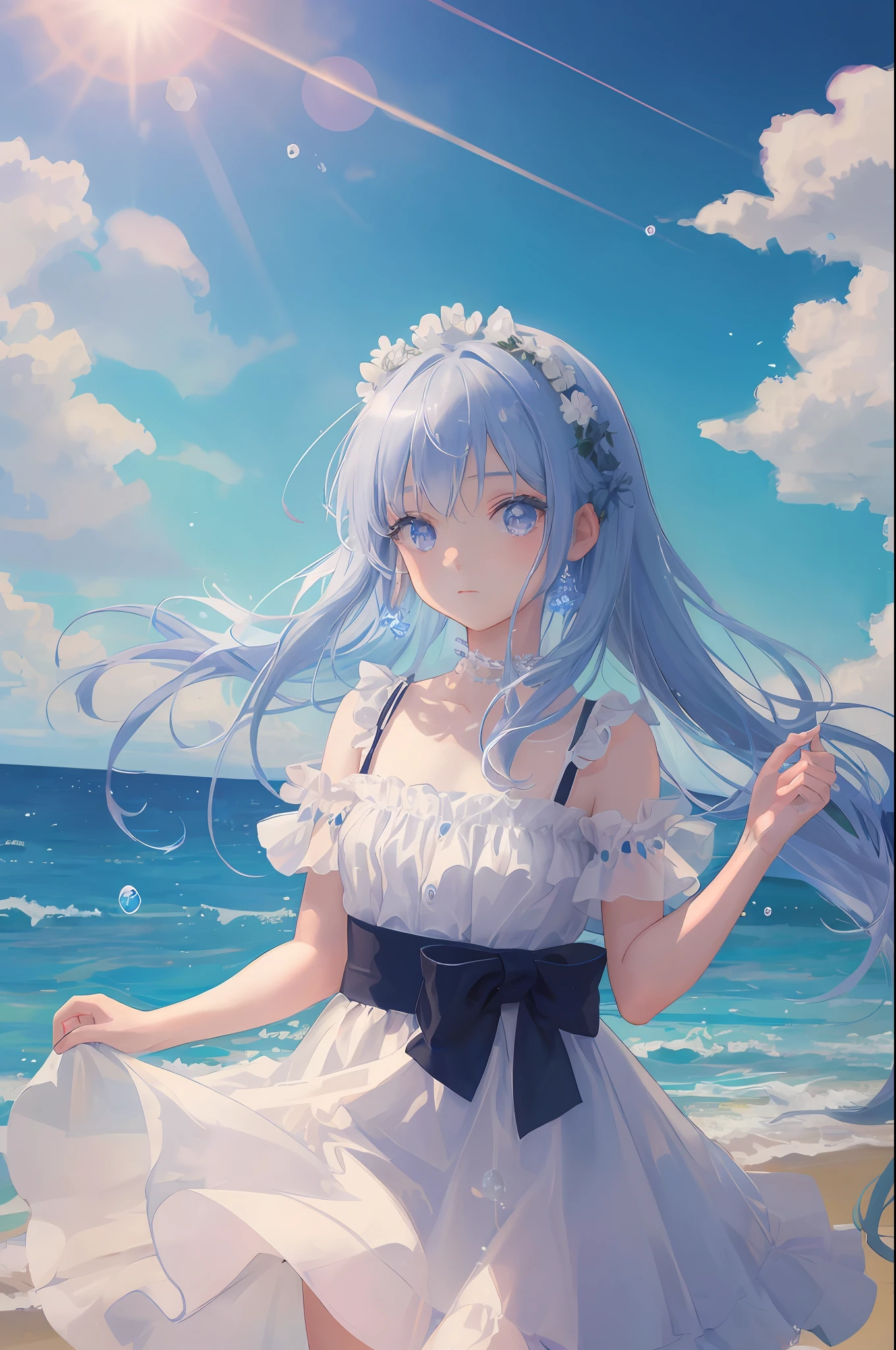 art by Cornflower, dready (A ite girl with beautiful delicate eyes.) The depth of field in the photo is perfect, and the lens flare adds a nice touch. The delicate detail on her face really stands out, scoring for this photo that is definitely greater than 10. In the background is a beautiful ocean with crystal clear water and water droplets on the surface. This is a stunning photo that really captures the beauty of the girl and the water. )