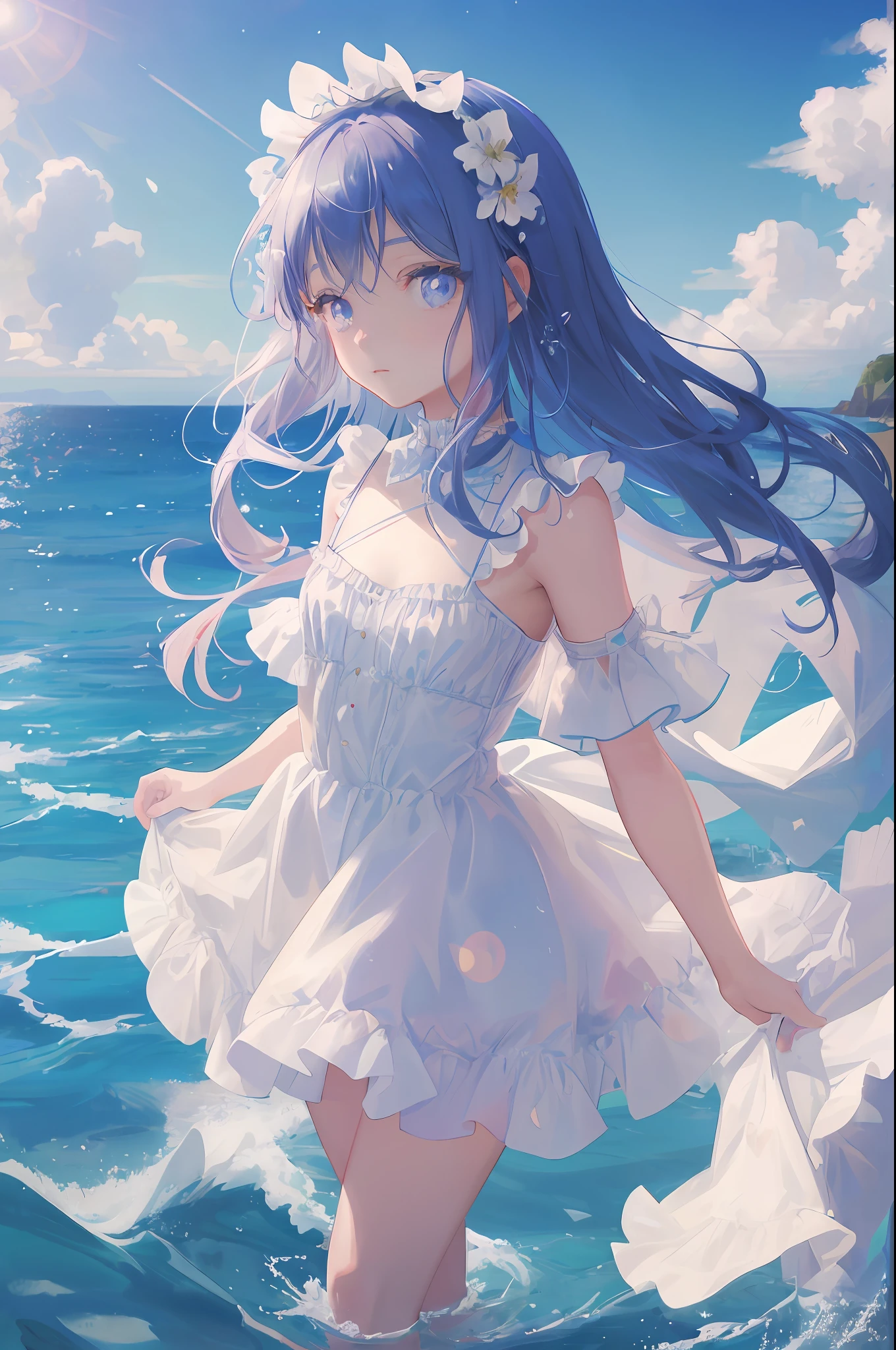 art by Cornflower, dready (A petite girl with beautiful delicate eyes.) The depth of field in the photo is perfect, and the lens flare adds a nice touch. The delicate detail on her face really stands out, scoring for this photo that is definitely greater than 10. In the background is a beautiful ocean with crystal clear water and water droplets on the surface. This is a stunning photo that really captures the beauty of the girl and the water. )