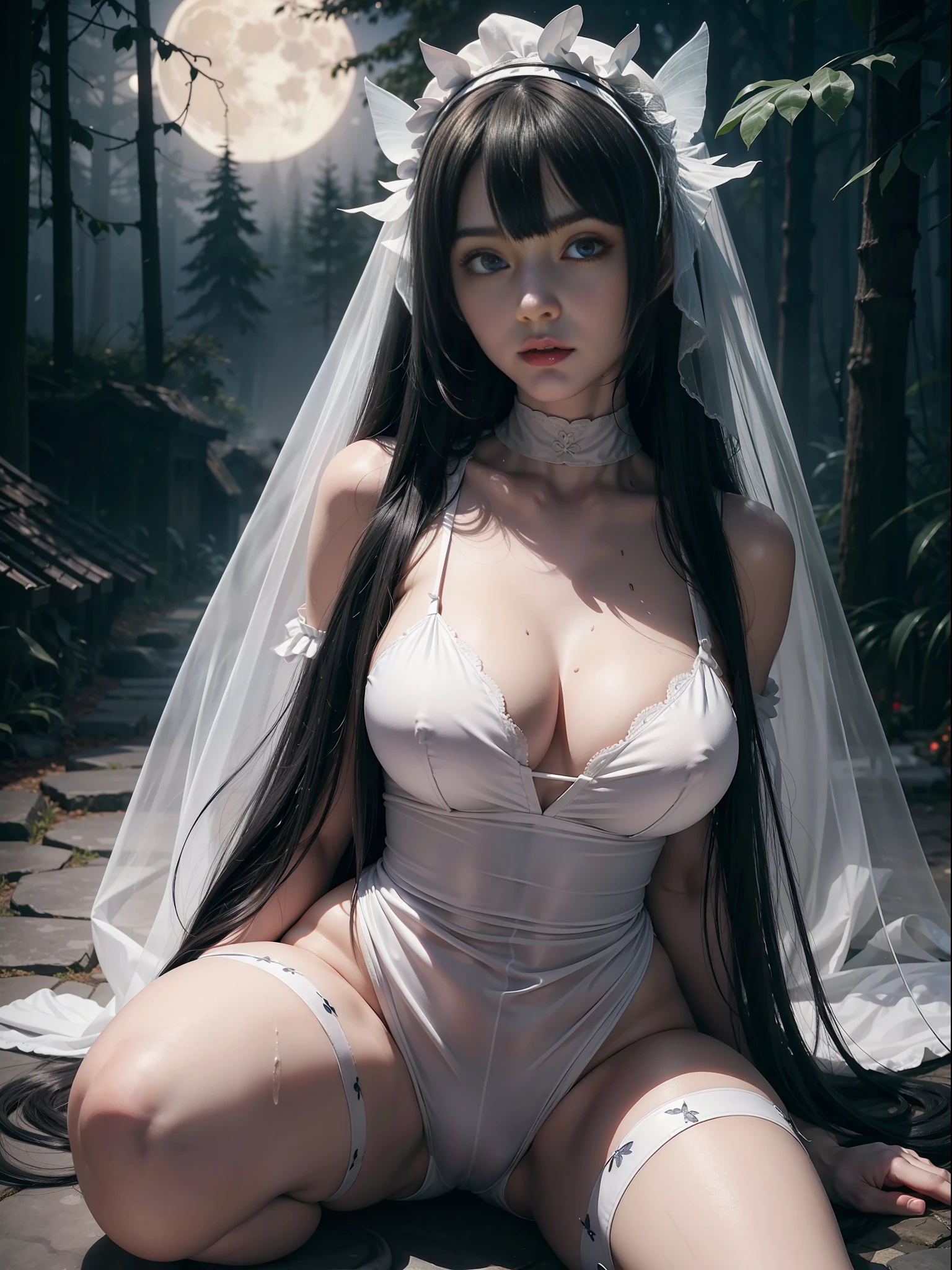 (Full body photo), Fatal Frame Crimson butterfly, a woman and a ghost/zombie woman, she is wearing a black maid outfit with blank parts, extremely tight on the body, half torn on the body, with a maid headdress on her head, has green eyes and long black hair, her clothes are wet and semi transparent, the ghost woman has short white hair, blue eyes, is behind her in a white semi transparent costume with big breasts and very tight clothes on her body holding her from behind, they are in an old japanese village at night with fog and red full moon, Fatal Frame Crimson butterfly, anime, Terror, 16k, best quality, highres, high details, UHD, masterpiece