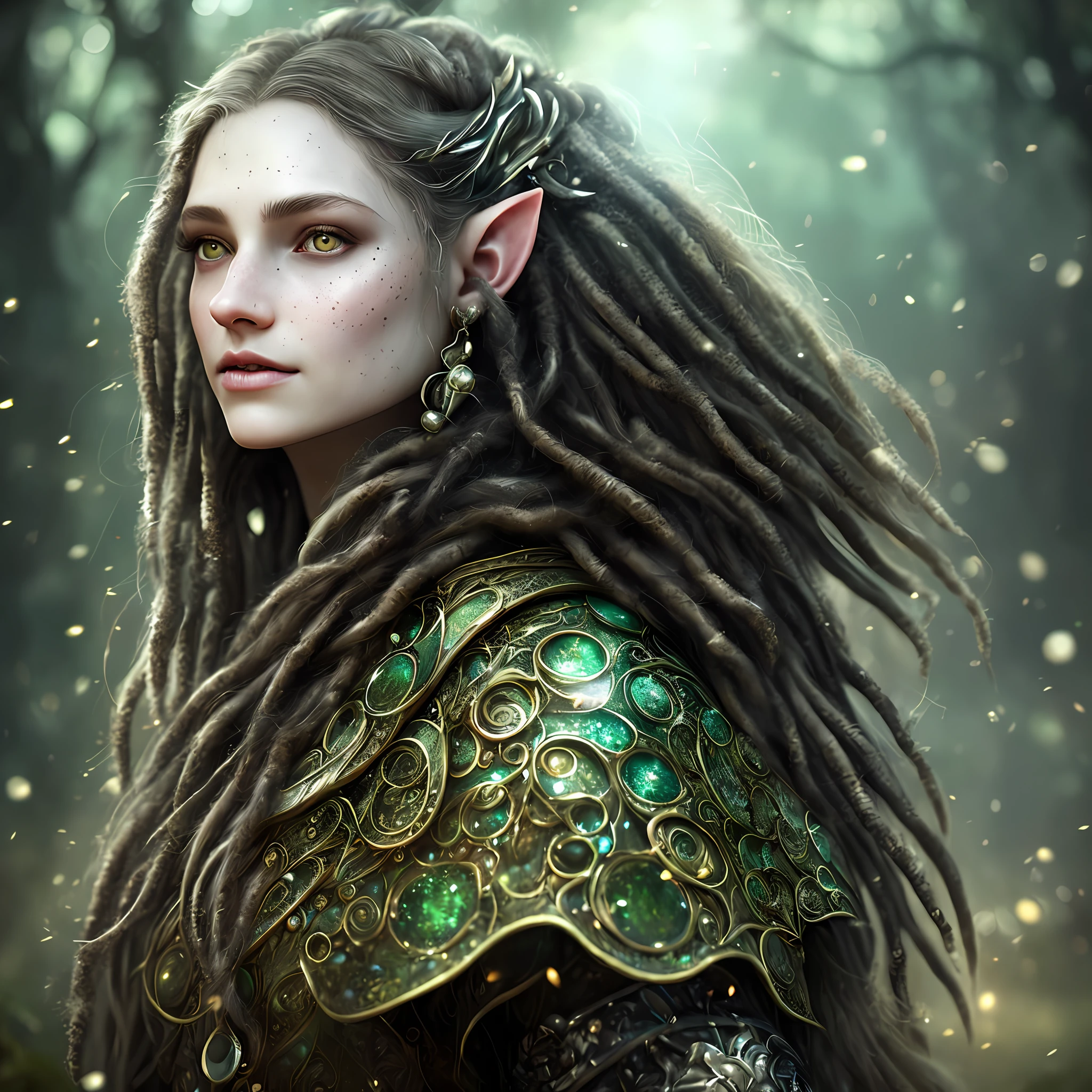 Head in close-up, camera turned, realistic portrait of digital painting of a female elf Gothic, (dreadlock hair:1.1), (black hair:1.3), freckles, gray left eye, green right eye, magical universe, forest, cloth armor with black cover in intricate details, (abstract background:1.2), (light particle:1.1), (very detailed skin:1.2), (game concept:1.3), (elden ring style:1.3), (arcane style:0.8), (depth of field:1.3), global lighting, art by Viktoria Gavrilenko