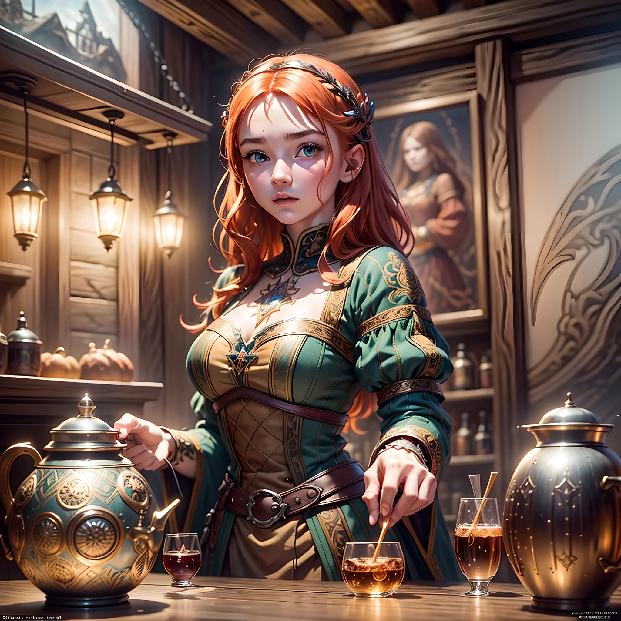 young ginger woman, medieval tale tavern, intricately detailed colorful interior, detailed intense sunrise lightning, deep stage, best geometry, award wining masterpiece, ultra intricate shadows and lighting, best lighting, best shadows, intricate busy setting, ultra detailed intricate background, trending on art station, global illumination, selfilluminated, bioluminescence, midjorney style, art by Albert Bierst