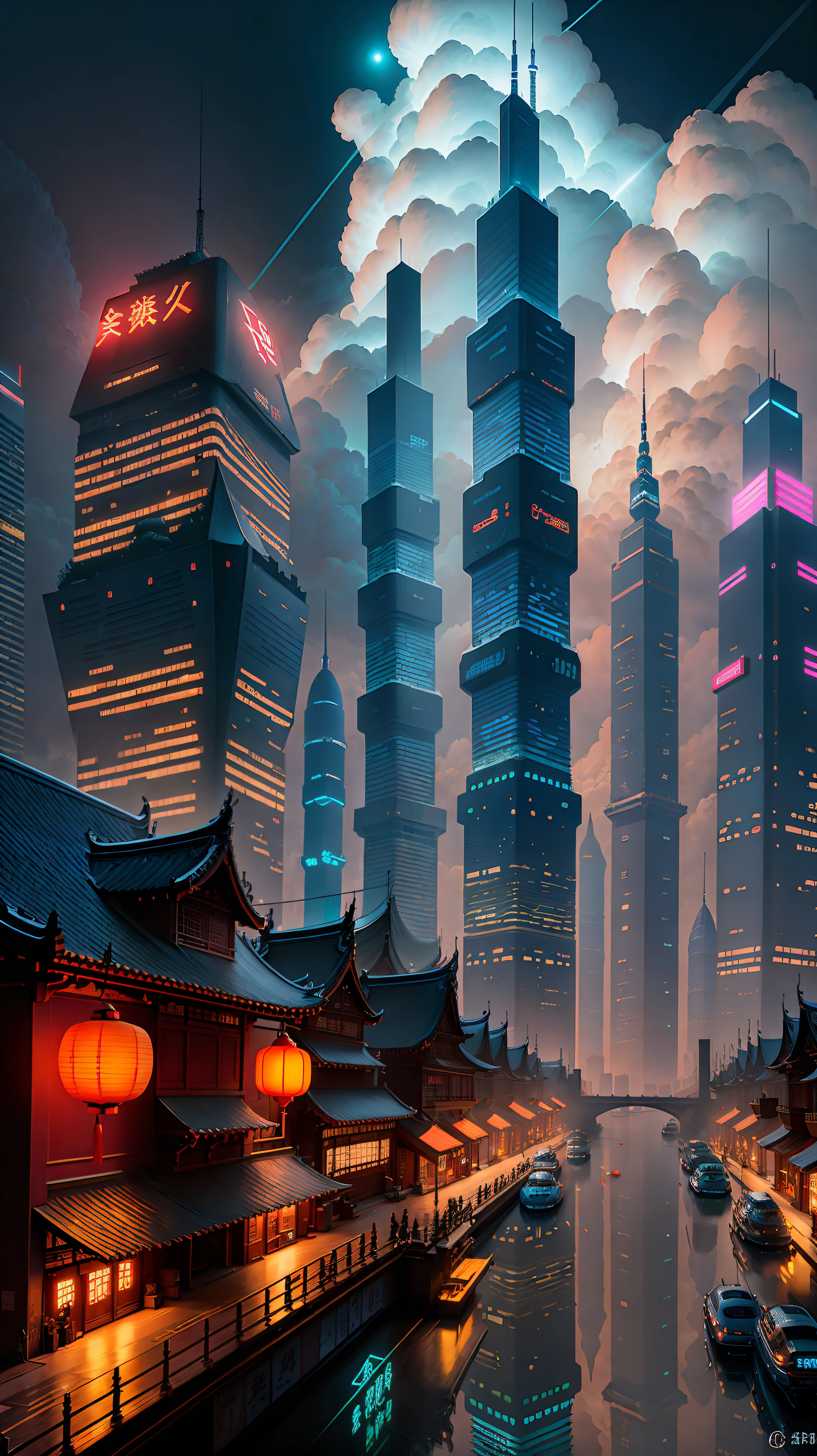 Night city skyline view, bright lights, Shanghai city, Shanghai, Chinese new year in Shanghai, beautiful futuristic city, neon big city in the background, brightly lit buildings, interesting background, close-up detail perfectly drawn, flawless . The scene in the dream, the ultimate lighting. Vibrant city lights, hou china, neon city in the background, beautiful city, Chinese dream land, skyline display, photo from China, beautiful cityscape, futuristic cityscape, pexels, blue hour photography, skyline display, hou china, city at night, skyline, from china, trends, trends, Chinese dream, spectacular clouds, fantasy clouds. Partially looking to the left, around the city, Shanghai Lujiazui. Chinese Architecture, Jia Ruan, Ruan Jia. The bustling technology building is beyond imagination. Inspired by Makoto Shinkai's popular concept art and masterpieces on pixiv, Vision (wide-angle lens), super high resolution (authenticity: 1.4), super high quality, detail enhancement. Extremely detailed CG Unity 8k wallpapers, aesthetics, award winning photography, photorealistic, high detail, intricate, art of travel, realistic 3D animation style, landscape concept art, super high resolution (photorealistic: 1.4), aesthetics, focus, High quality, vibrant colors, stunning reflections, crystal clear water, award winning cinematography, 3D lighting and beautiful cinematic lighting. Rich in detail.