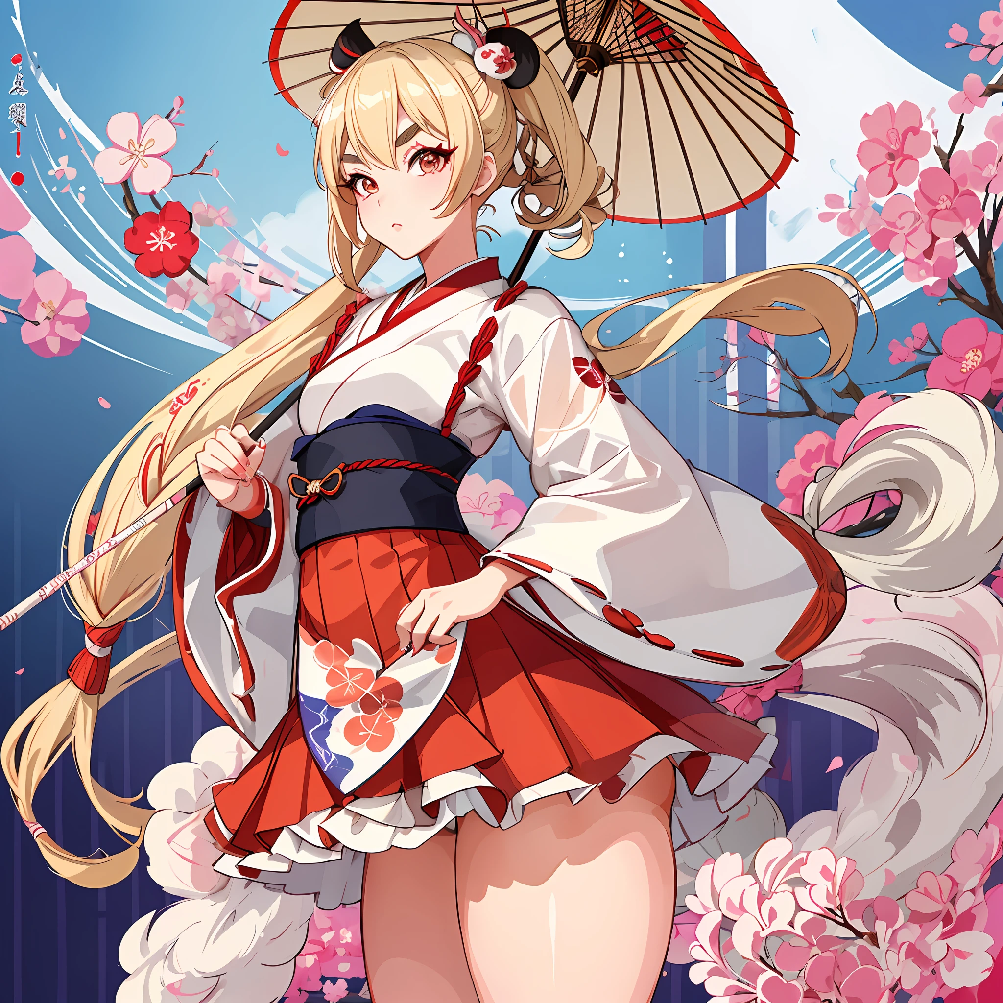 Same character, Japanese umbrella, kabuki, kabuki makeup, rabbit, pigtails, small, kabuki costume, female gaki, huge thighs, thick eyebrows, thin waist, beautiful blonde, braid, (masterpiece), ((highest quality)), (super detailed), girl, (beautiful eyes)), beautiful detailed eyes, clean and detailed face, five fingers, textile shading, perfect anatomy,