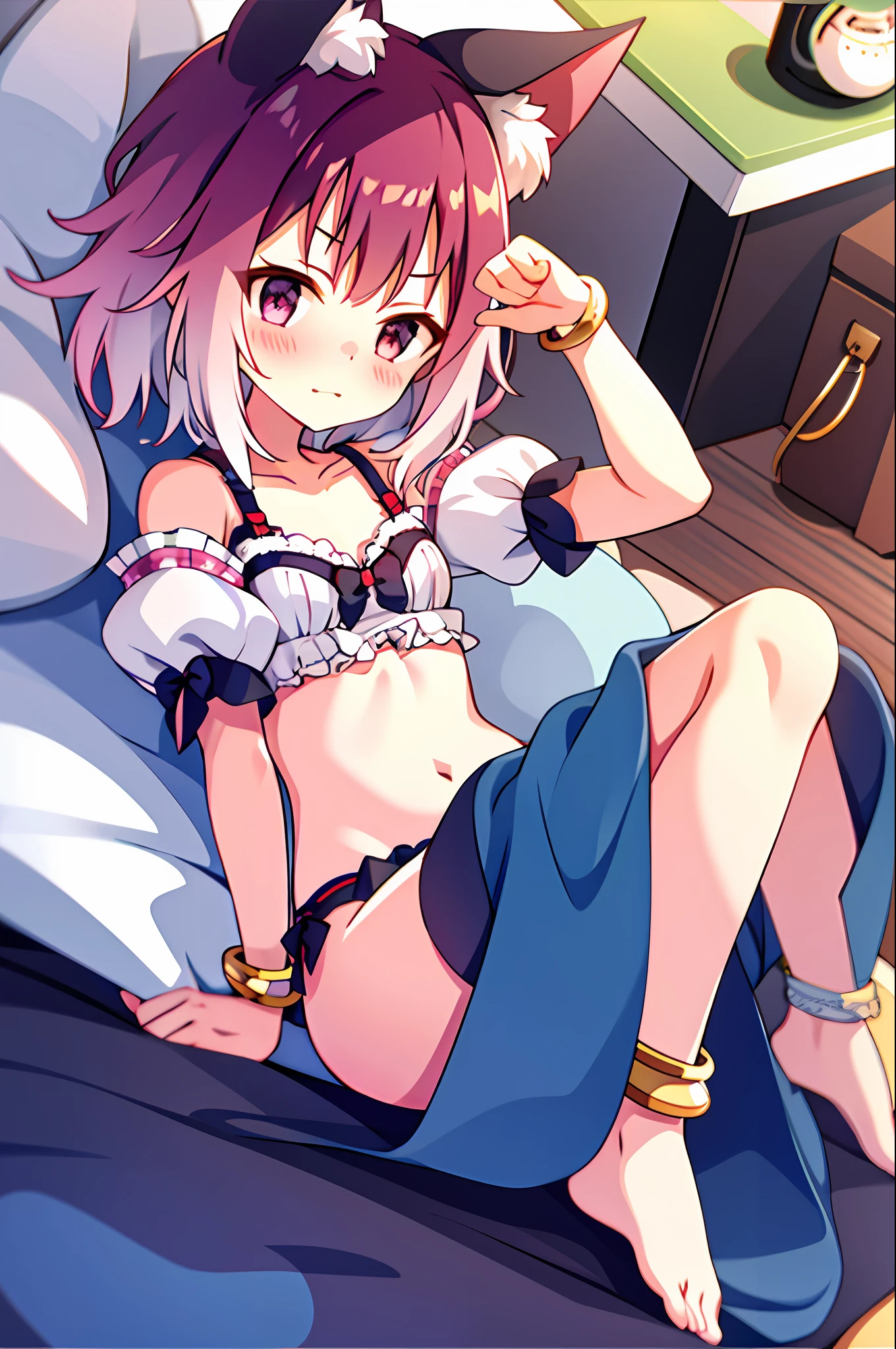1girl, tamaki,animal_ears, anklet, barefoot, laying on bed, blushing, embarrassed, panties, bra