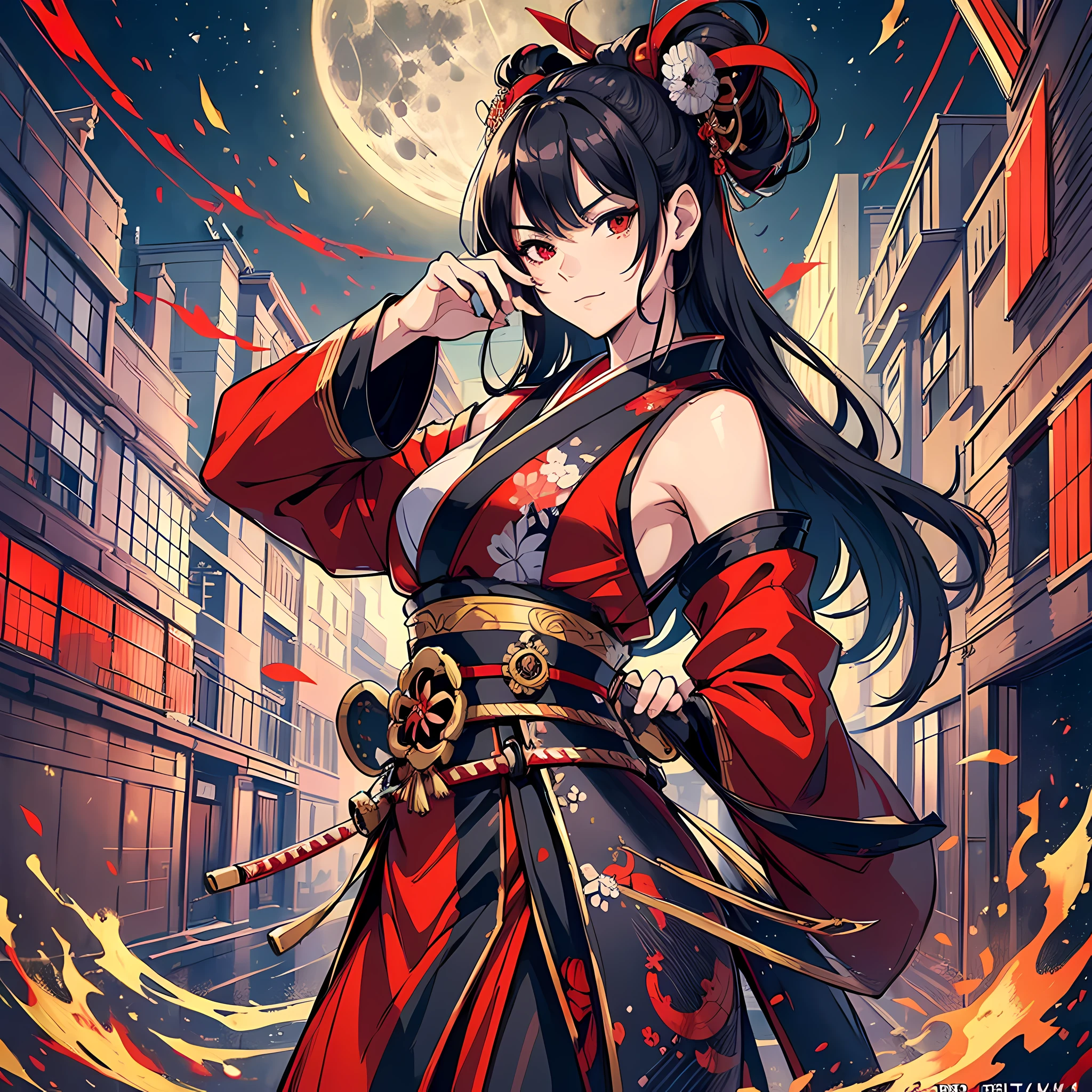 ((high quality)), ((masterpiece)), 8k,artwork, realistic, extremely detailed, samurai, geisha, warrior, black hair, flowing hair, red clothes, japanese street, night, full moon, dark, dark smile, looking at the viewer, sword in hand, running, --auto --s2