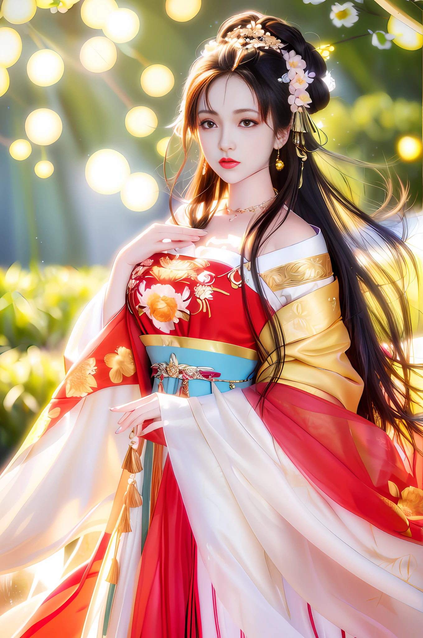 (Masterpiece: 1.0), (Best Quality: 1.4), (Ultra High Resolution: 1.2), (Fine Illustration: 1.4), (8k, RAW Photo: 1.2), (Soft Focus: 1.4), (Sharp Focus: 1.4), (Korea: 1.0), (China: 1.0), (Liu Yifei: 1.3), Ultra-realistic 8k Game CG, Masterpiece, Sunlight, High Quality, Pale Skin, Outrageously Long Brunet, Blue Eyes, Fantasy, Looking at the Audience, Portrait, Film Lighting, Film Bloom, Soft Light , Upper body, Lips, (Masterpiece: 1.4), (Best quality: 1.4), (Shiny skin), Huge breasts, Juice, Puffiness, Large areola, Huge, Round eyes and long hair, symmetrical face, perfect skin, volumetric lighting, stunning environment, highly detailed, ultra-realistic, thick lips, beautiful lips, symmetrical, (yellow skin tone), warm tones, black hair, complex hair accessories, earrings, bracelets, (choker: 1, 3), accessories, hair accessories, big breasts, (flower background ), external shooting,