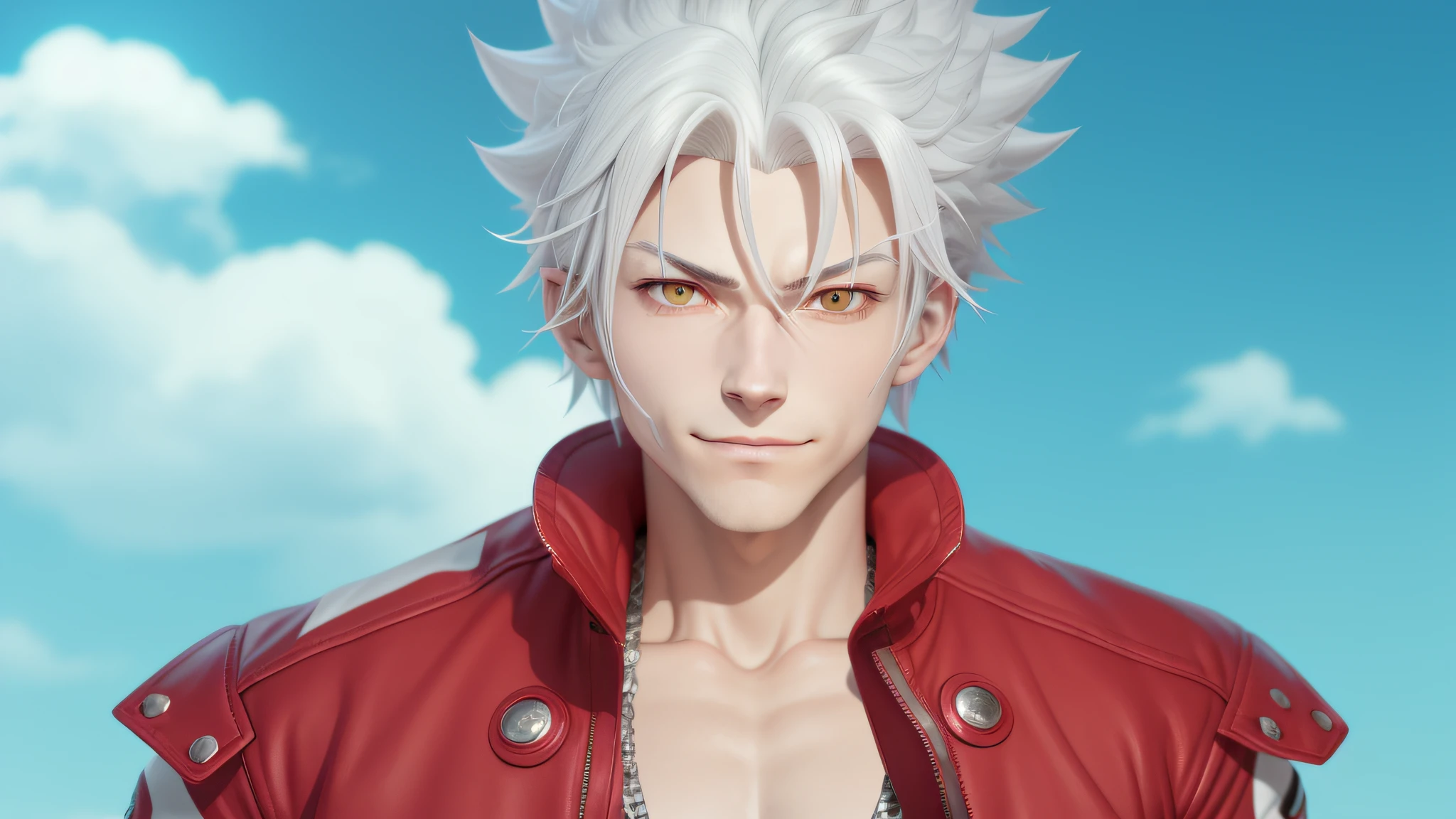 a close up of a person with a red jacket and white hair, seven deadly sins anime, a silver haired mad, he has dark grey hairs, best anime character design, male anime character, nagito komaeda, roguish smirk, portrait of hisoka hunter hunter, as an anime character, trigger anime artstyle, shiro from deadman wonderland