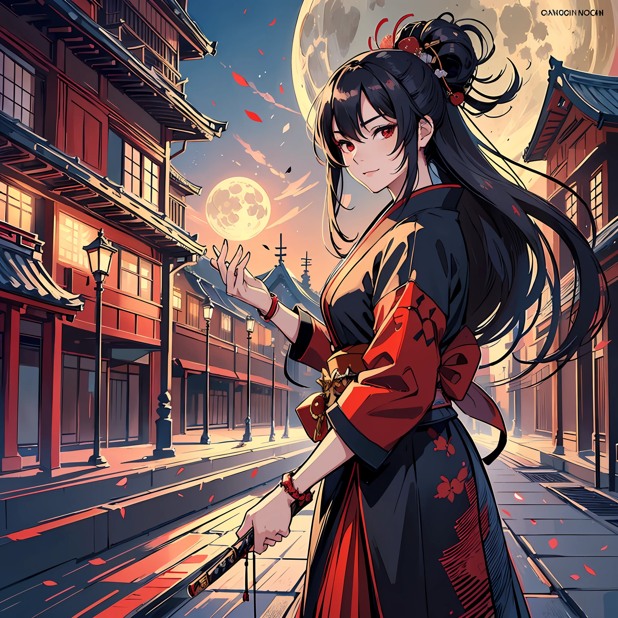 ((high quality)), ((masterpiece)), 8k,artwork, realistic, extremely detailed, samurai, geisha, warrior, black hair, flowing hair, red clothes, japanese street, night, full moon, dark, dark smile, looking at the viewer, sword in hand, running, --auto --s2
