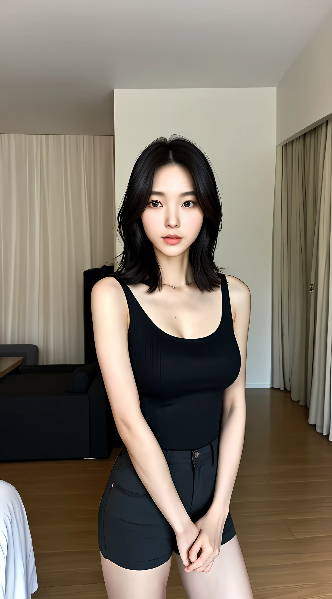 realistic photos of (1 cute Korean star) Shoulder-length hair, thin makeup, big breasts size, perfect body, thigh, wearing tight black tanktop with black hotpants, in the room, full body picture, clear facial features of Canon EOS, 8K high resolution, sharp and realistic details.
