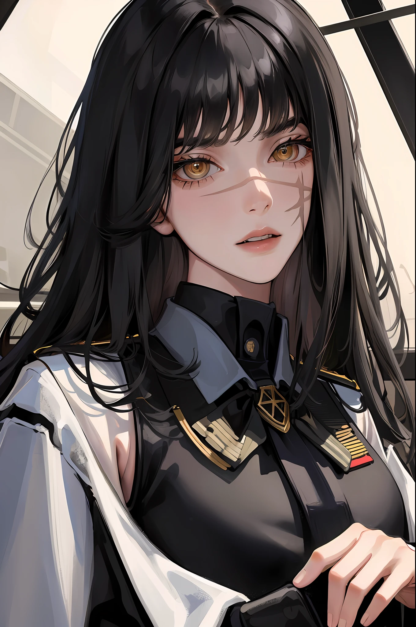 (higher resolution, distinct image) The best quality, a girl, Yoru, masterpiece, highly detailed, semi realistic, long hair, black hair, bangs, young, tall and strong, black clothes, black uniforms, military uniforms, military academies, war insignia, internal backgrounds, cold, serious, tall, beautiful, authoritative, powerful, delicate facial features, exquisite facial features, small breasts, defined waists