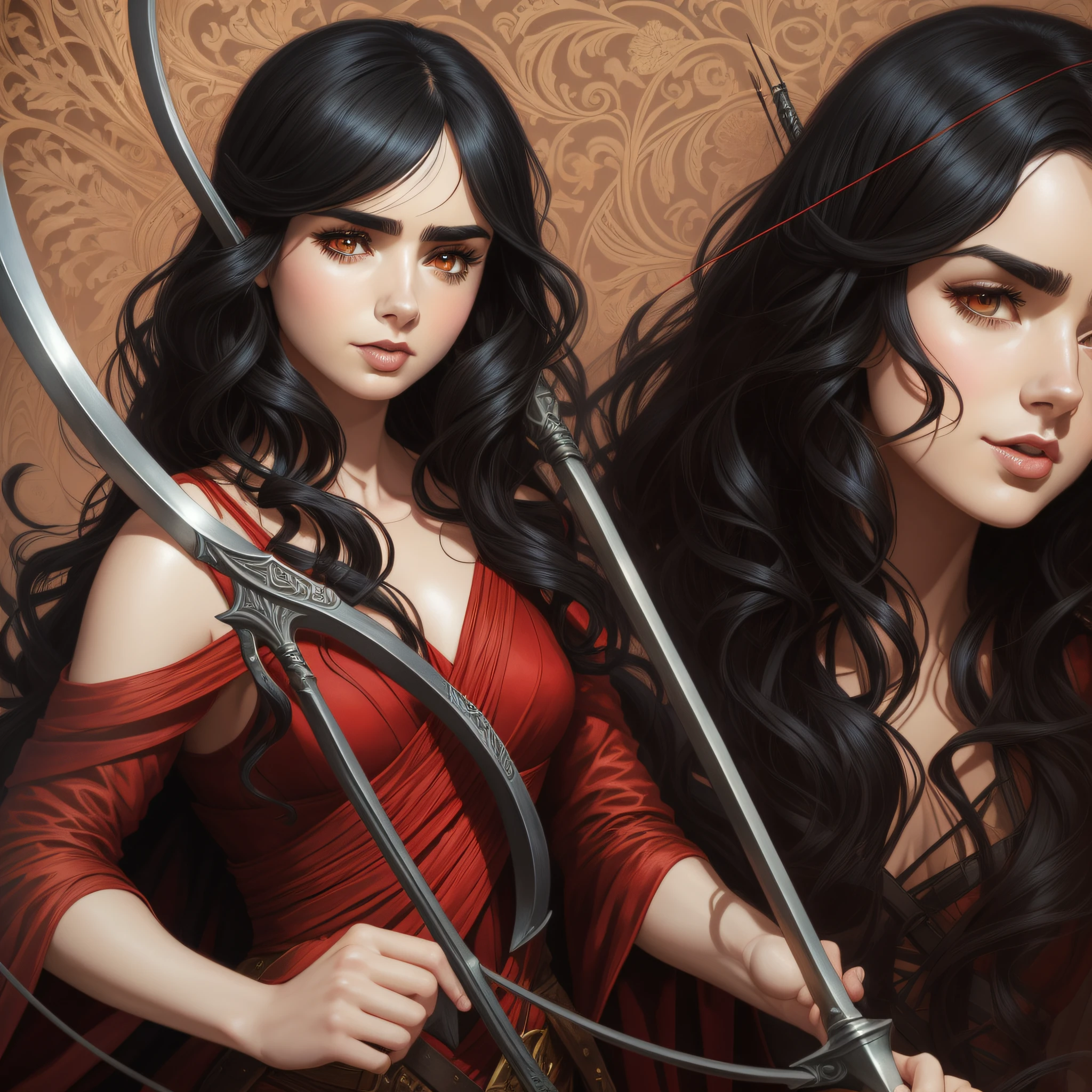 Lily Collins with curly black hair with a red hood, medieval clothes, bow and arrow in her hands, the illustration is detailed, smooth and bright, HD art by Greg Hildebrandt, Citemer Liu, Stjepan Sejic, Samyang, Aykut Aydogdu , Justin Gerard, Alphonse Mucha, Artgerm, WLOP and Greg Rutkowski