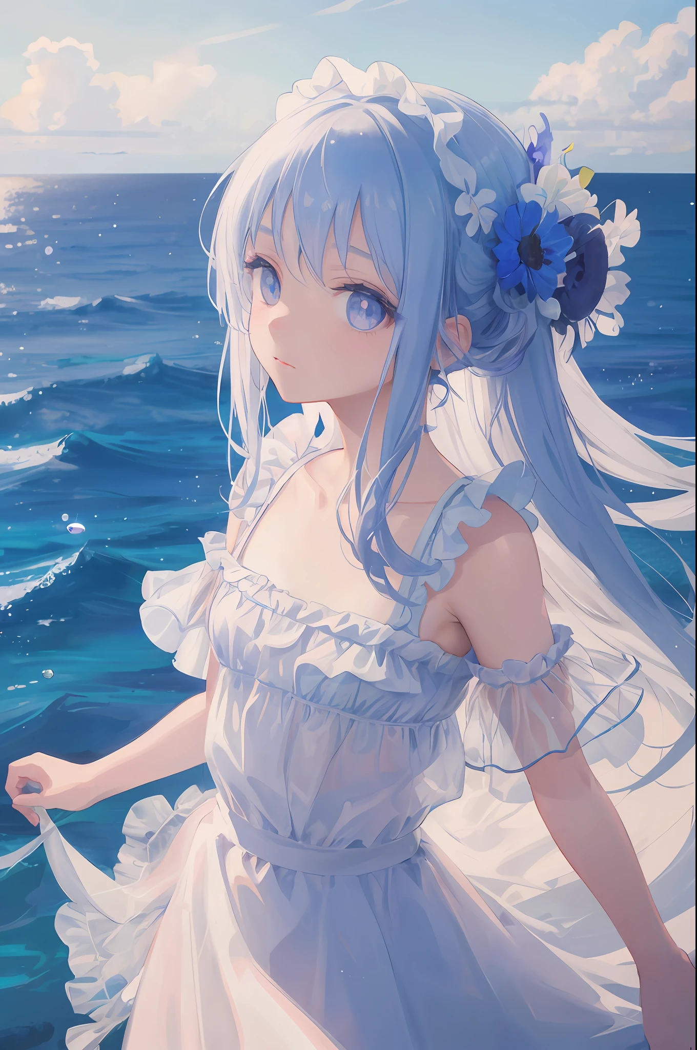 art by Cornflower, dready (A petite girl with beautiful delicate eyes.) The depth of field in the photo is perfect, and the lens flare adds a nice touch. The delicate detail on her face really stands out, scoring for this photo that is definitely greater than 10. In the background is a beautiful ocean with crystal clear water and water droplets on the surface. This is a stunning photo that really captures the beauty of the girl and the water. )