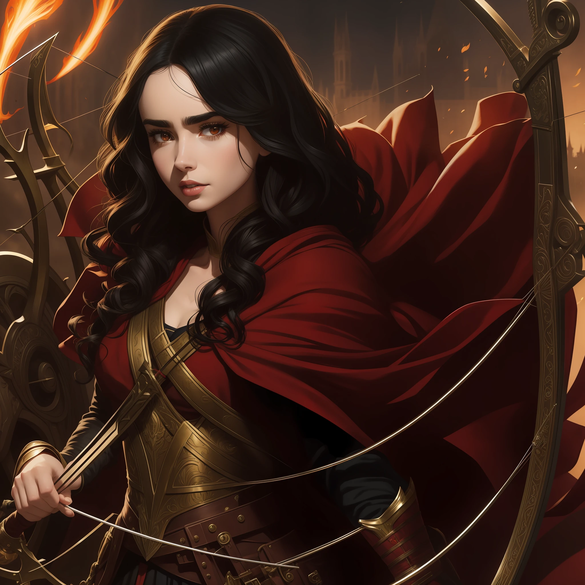 Lily Collins with curly black hair with a red hood, medieval clothes, bow and arrow in her hands, the illustration is detailed, smooth and bright, HD art by Greg Hildebrandt, Citemer Liu, Stjepan Sejic, Samyang, Aykut Aydogdu , Justin Gerard, Alphonse Mucha, Artgerm, WLOP and Greg Rutkowski