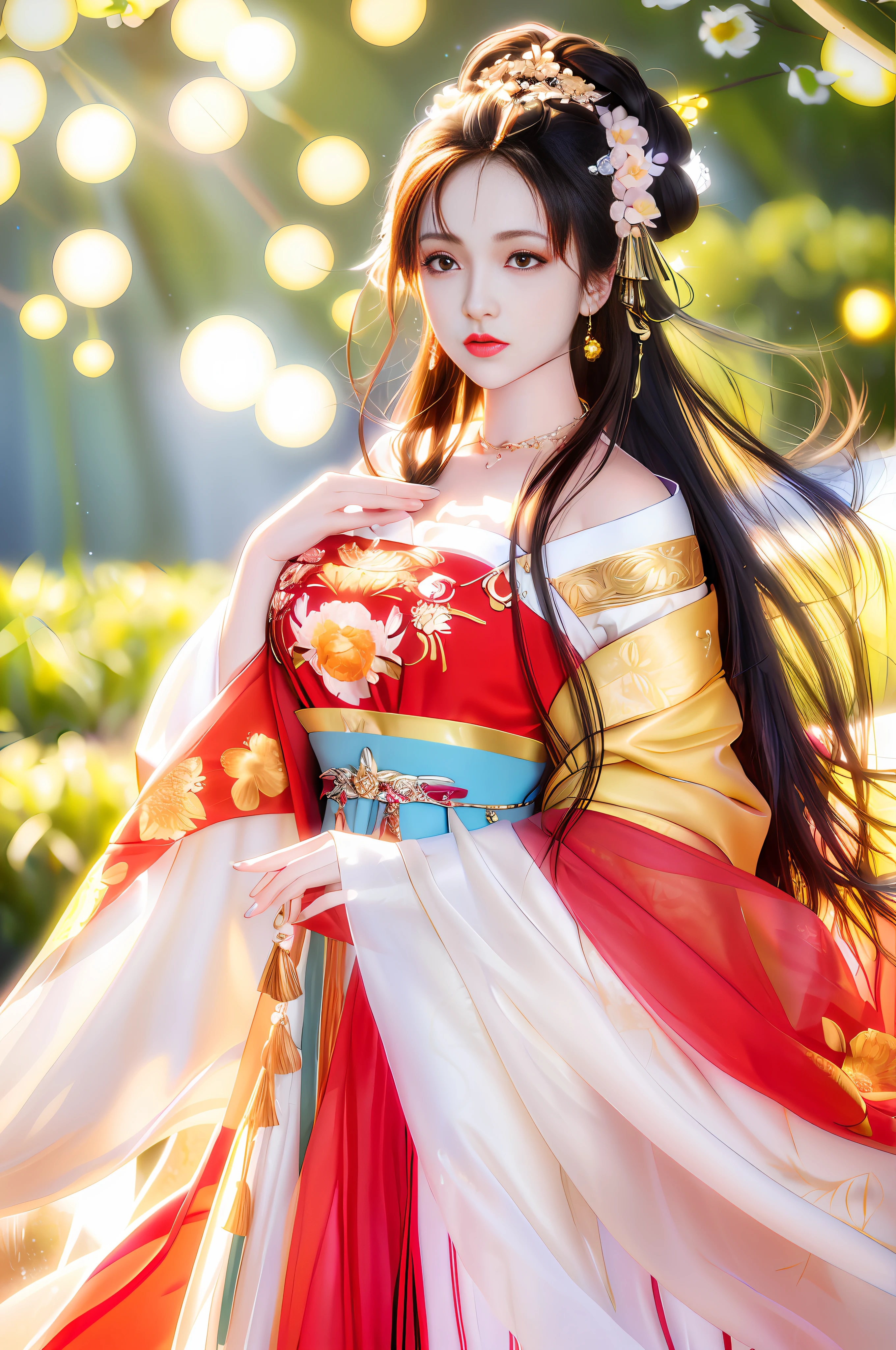 (Masterpiece: 1.0), (Best Quality: 1.4), (Ultra High Resolution: 1.2), (Fine Illustration: 1.4), (8k, RAW Photo: 1.2), (Soft Focus: 1.4), (Sharp Focus: 1.4), (Korea: 1.0), (China: 1.0), (Liu Yifei: 1.3), Ultra-realistic 8k Game CG, Masterpiece, Sunlight, High Quality, Pale Skin, Outrageously Long Brunet, Blue Eyes, Fantasy, Looking at the Audience, Portrait, Film Lighting, Film Bloom, Soft Light , Upper body, Lips, (Masterpiece: 1.4), (Best quality: 1.4), (Shiny skin), Huge breasts, Juice, Puffiness, Large areola, Huge, Round eyes and long hair, symmetrical face, perfect skin, volumetric lighting, stunning environment, highly detailed, ultra-realistic, thick lips, beautiful lips, symmetrical, (yellow skin tone), warm tones, black hair, complex hair accessories, earrings, bracelets, (choker: 1, 3), accessories, hair accessories, big breasts, (flower background ), external shooting,
