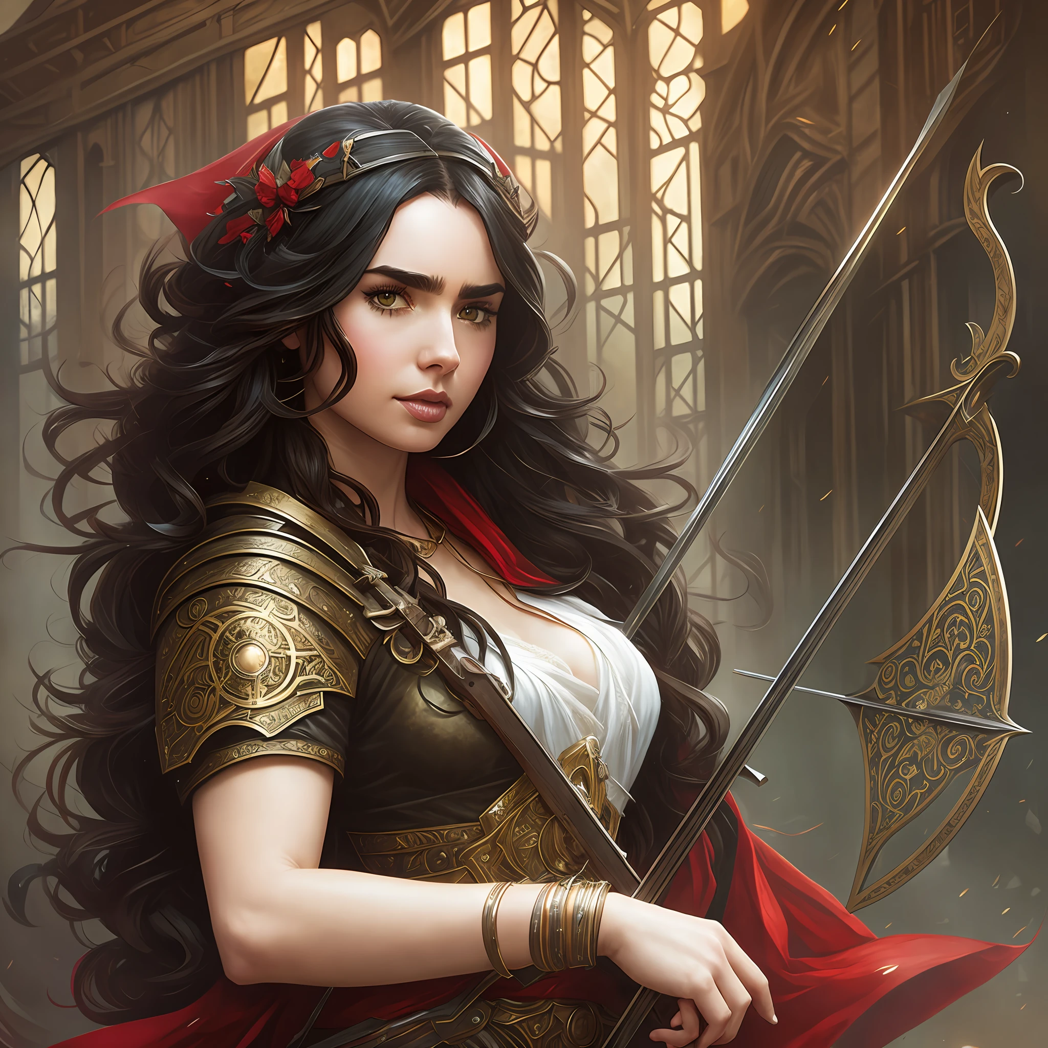 Lily Collins with curly black hair with a red hood, medieval clothes, bow and arrow in her hands, the illustration is detailed, smooth and bright, HD art by Greg Hildebrandt, Citemer Liu, Stjepan Sejic, Samyang, Aykut Aydogdu , Justin Gerard, Alphonse Mucha, Artgerm, WLOP and Greg Rutkowski --auto --s2