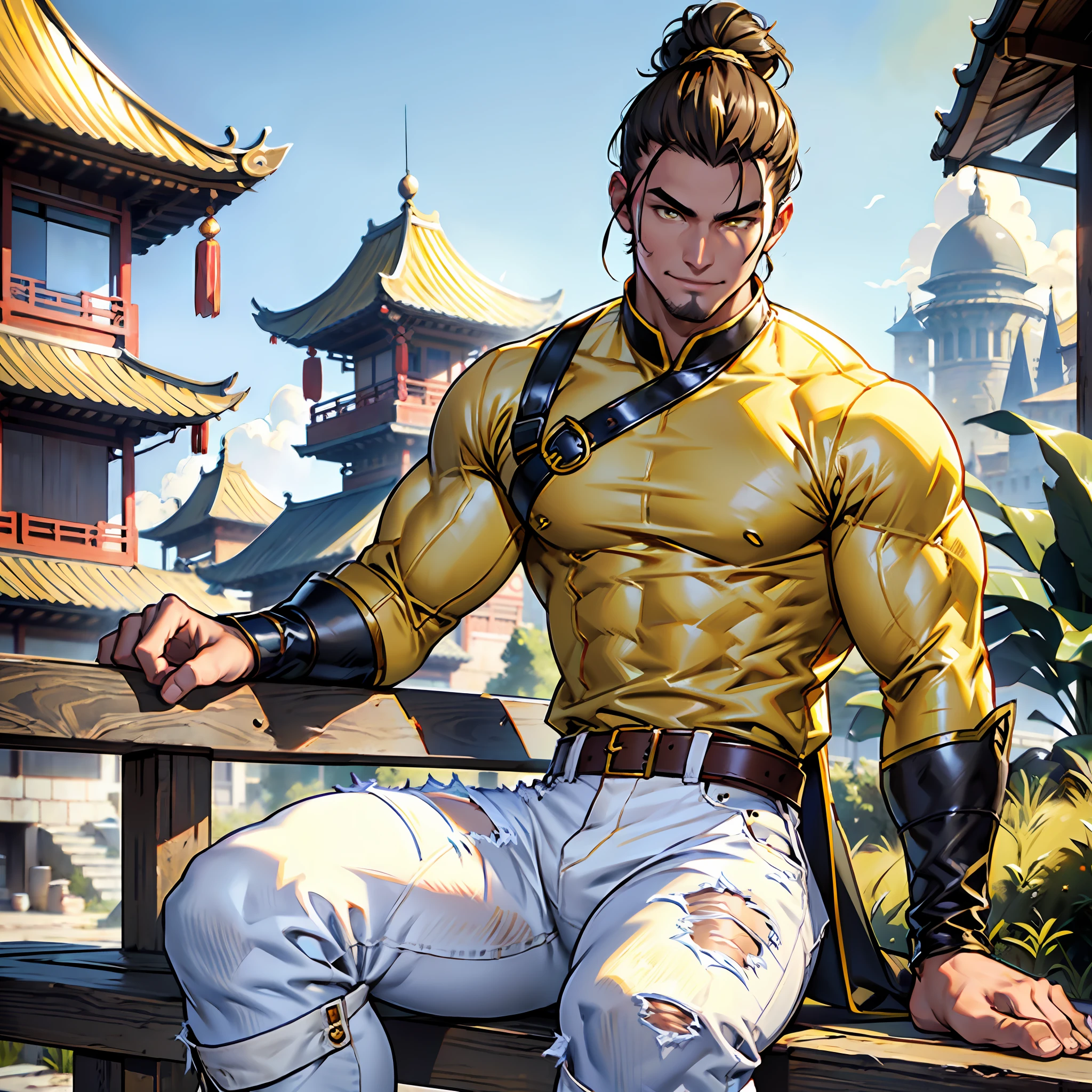 Muscular man, alone, holding a golden spear, hair tied in bun, dark brown hair, Chinese-looking man, ((burnt yellow social blouse, long white jeans)), black military boot, smile, yellow colored eyes, castle, costume.