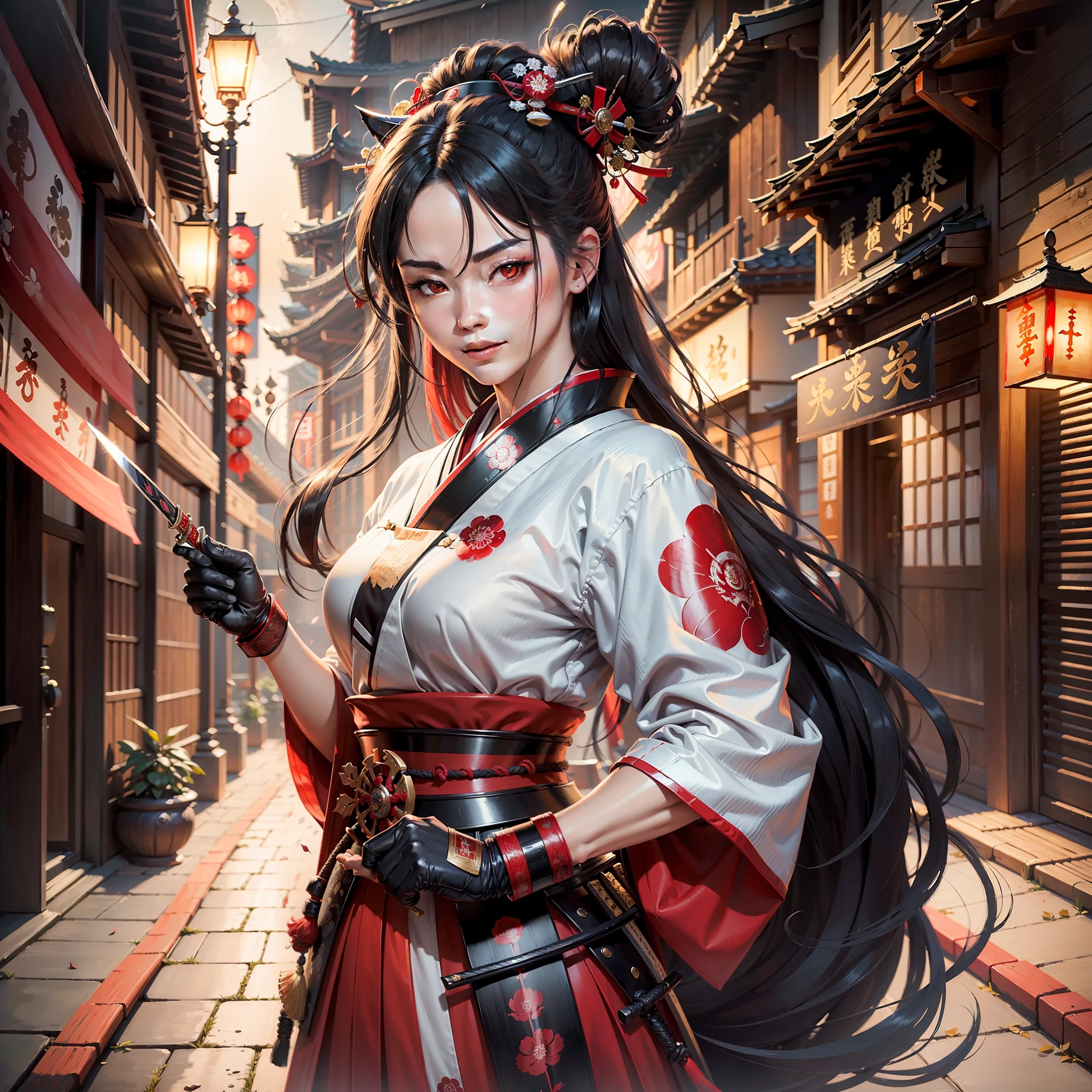 ((high quality)), ((masterpiece)), 8k,artwork, realistic, extremely detailed, samurai, geisha, warrior, black hair, flowing hair, red clothes, japanese street, night, full moon, dark, dark smile, looking at the viewer, sword in hand, running