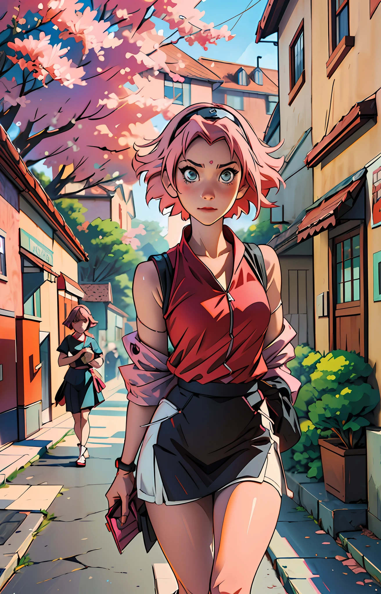 Sakura haruno, ANIME NARUTO, NINJA, ((forehead the show)), attractive, wearing a ((red blouse)), pink hair, delicate, young, short hair, detailed face, in a village, full body, looking at the viewer, bandana on the head, trend in art by rhads, andreas rocha, rossdraws, makoto shinkai, laurie greasley, lois van baarle, ilya kuvshinov and greg rutkowski