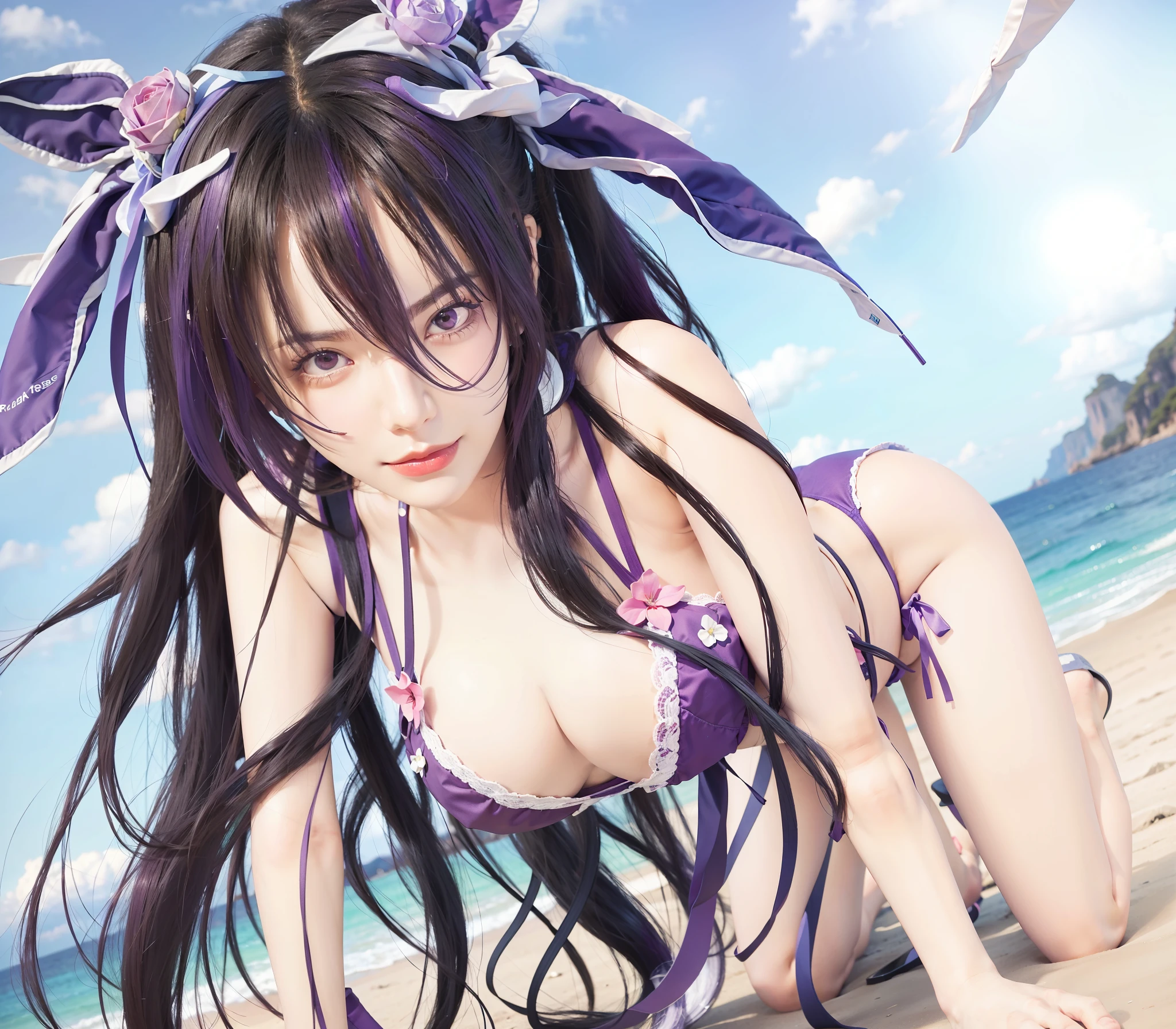 masterpiece, best quality, 1girl portrait, ultra realistic, ray tracing, purple hair, 8k,