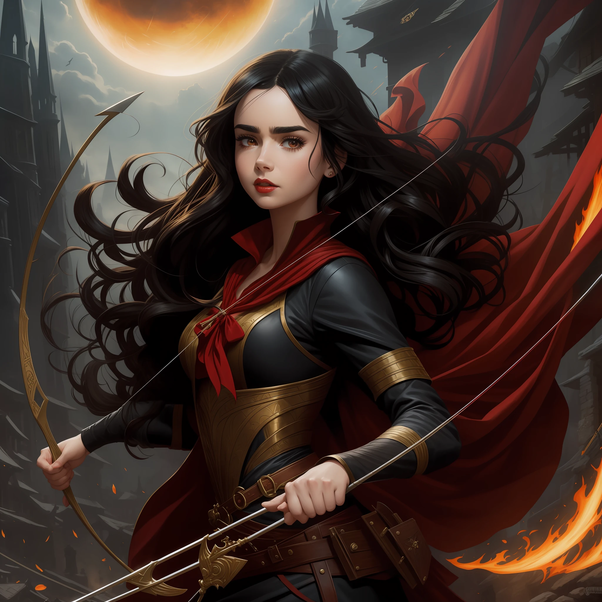 Lily Collins with curly black hair with a red hood, medieval clothes, bow and arrow in her hands, the illustration is detailed, smooth and bright, HD art by Greg Hildebrandt, Citemer Liu, Stjepan Sejic, Samyang, Aykut Aydogdu , Justin Gerard, Alphonse Mucha, Artgerm, WLOP and Greg Rutkowski