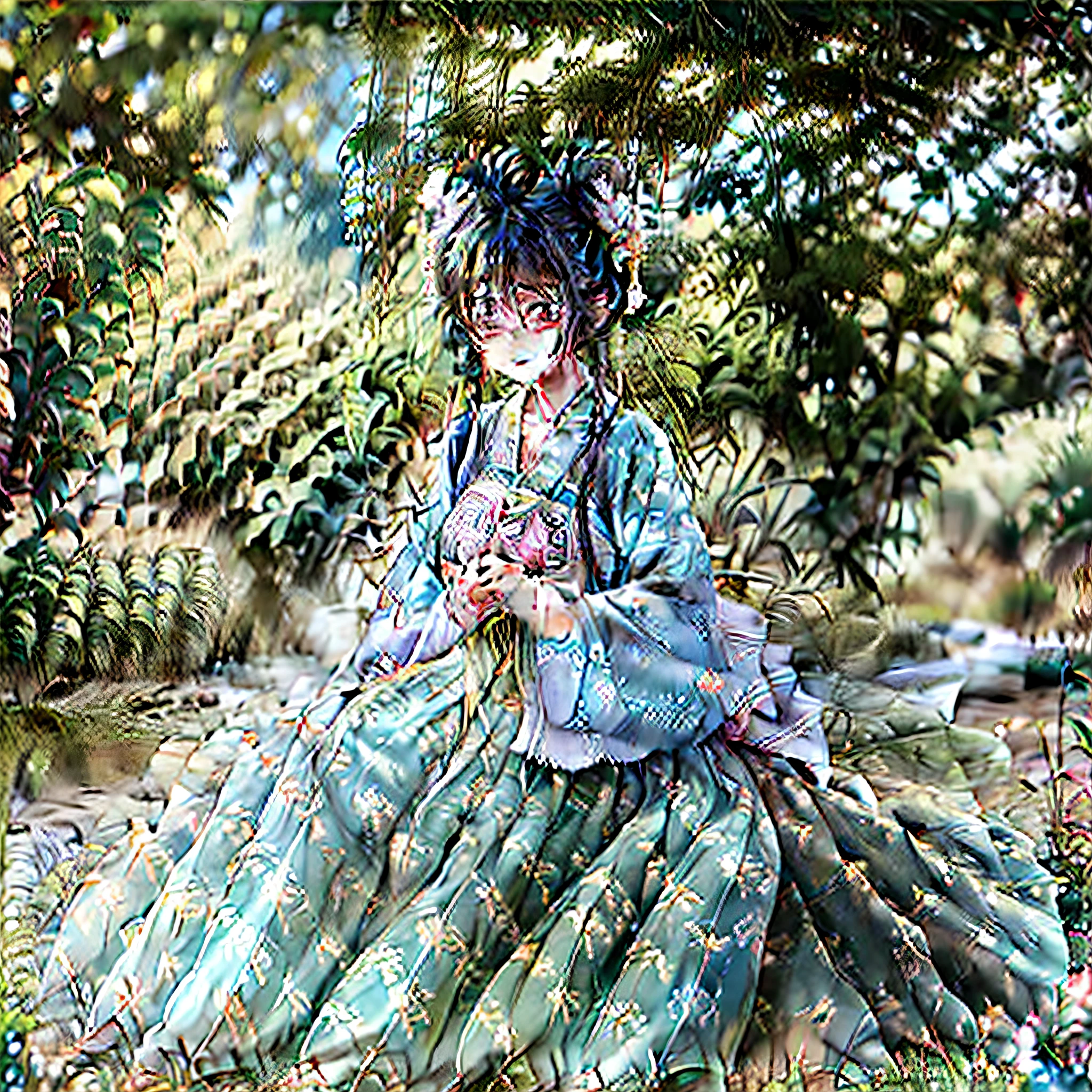 fox ear, Witch hair ornaments, Gorgeous white kimono, huge　tits, exquisite facial features, bare legs, Sit on a loquat tree, patio, pink hair, messy hair, twintails, double bun, ray tracing, motion blur, anime, masterpiece, textured skin, high details, high quality, super detail, 8k