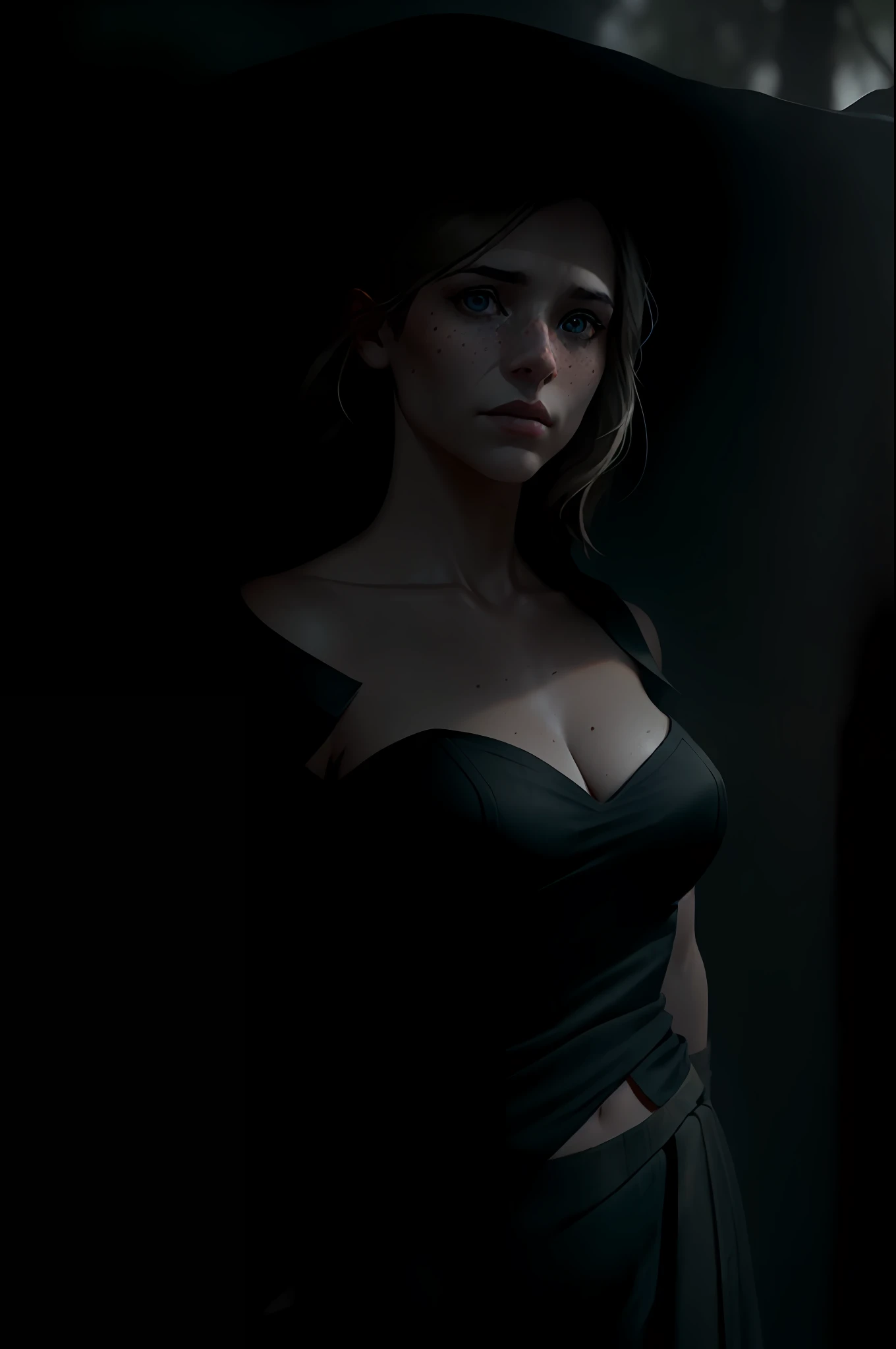 deep shadow, sinister, award winning photo, best quality, masterpiece, upper body, woman, freckled face, windblown blonde hair, emerald eyes, modern strapless dress  by Jeremy Lipking, by Antonio J. Manzanedo, by lee jeffries nikon d850 film stock photograph 4 kodak portra 400 camera f1.6 lens rich colors hyper realistic lifelike texture dramatic lighting unreal engine trending on artstation cinestill 800, fisheye lens, Style-Kilt, windy beach, scottish loch, forest