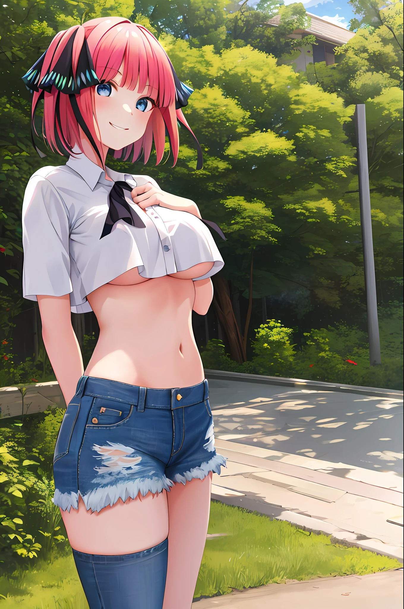 masterpiece, best quality, highres, nn1, 1girl, hair ribbon, short hair, jean, crop top, underboob, cowboy shot, standing, outdoors, white shirt, short pants, breast out, sexy pose, smile, happy face, medium breast,