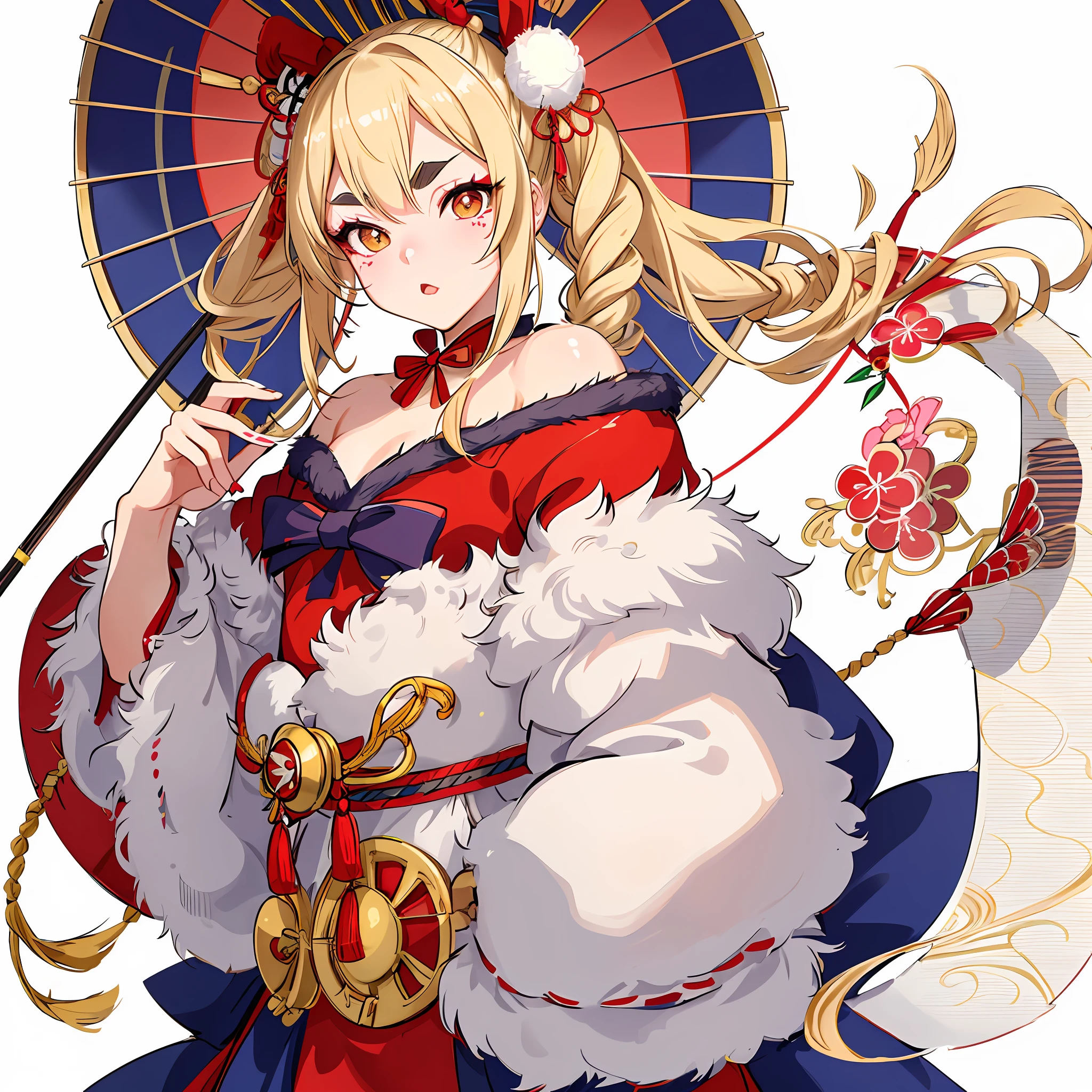 Fur, Japanese umbrella, kabuki, kabuki makeup, rabbit ears, pigtails, small, kabuki costumes, nipple seals, female gaki, thick eyebrows, thin waist, beautiful blonde, braids, (masterpiece), ((highest quality)), (super detailed), girl, (beautiful eyes)), beautiful detailed eyes, clean and detailed face, five fingers, textile shading, perfect anatomy,