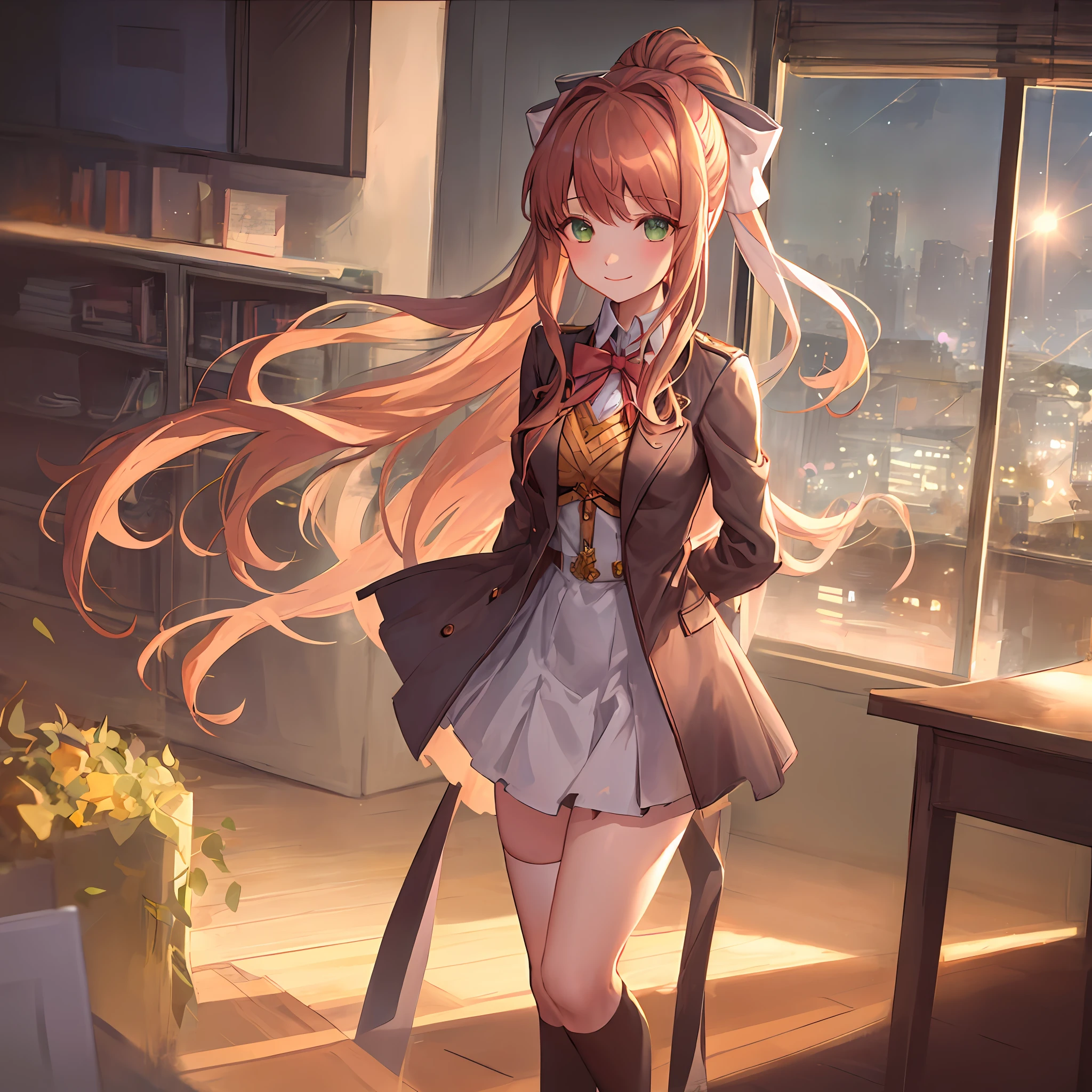 Monika in an office, beautiful lightning, bokeh, dress, alternate clothes, chest accesories, ornate dress, fashion dress, sun rays, fisheye, front view, 2d, masterpiece, best quality, anime, highly detailed eyes, highly detailed face, highly detailed background, perfect lighting, bokeh, cowboy shot, feet out of frame, 1girl, solo, classroom, school uniform, monika \(doki doki literature club\), doki doki literature club, alternate clothes, brown hair, very long hair, white bow, hair bow, ponytail, green eyes, medieval clothes, ornate dress, closed jacket, standing, (leaning forward:0.8), (arms behind back:1.2), smile