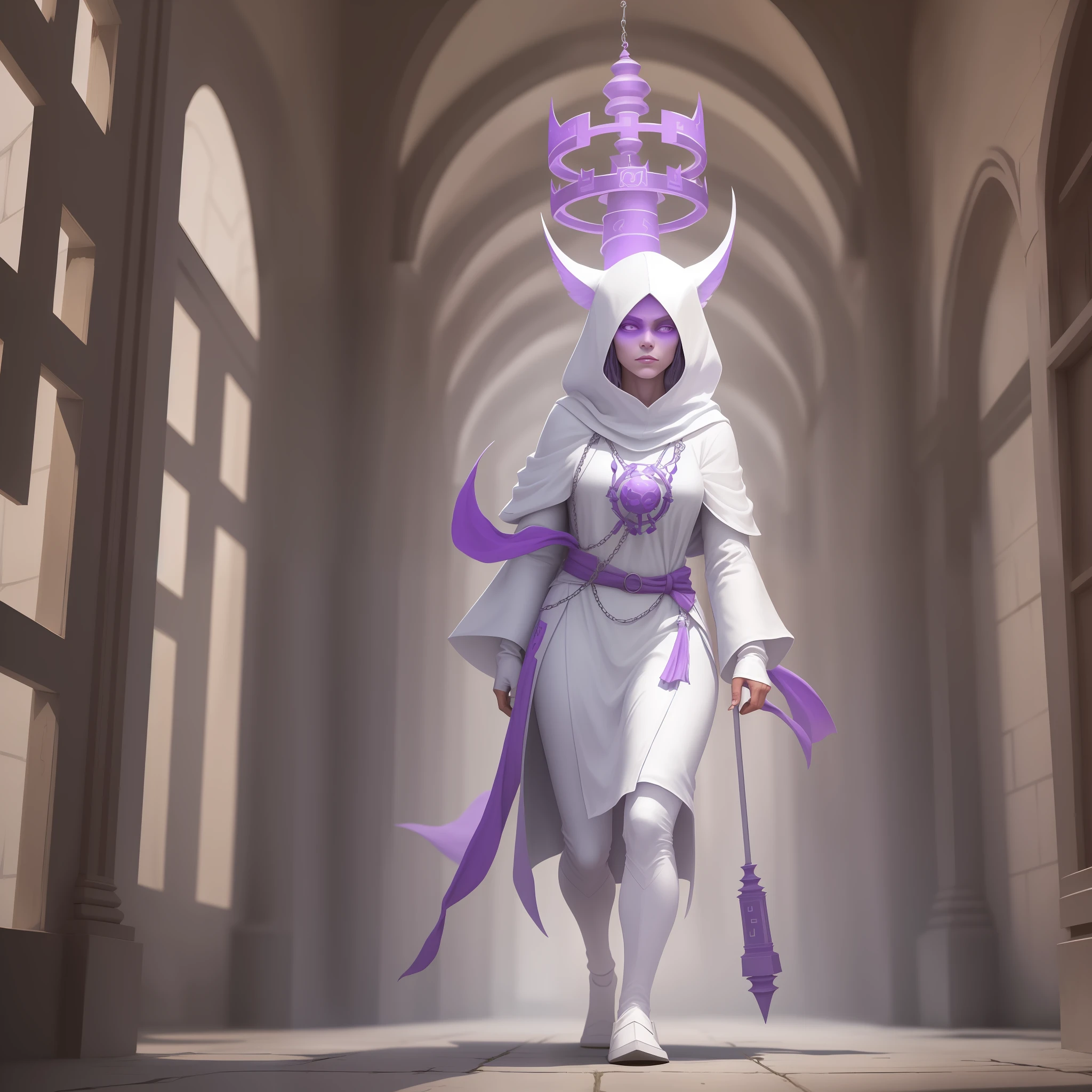 a strong white-robed creature walking while carrying a purple totem trapped in a maze