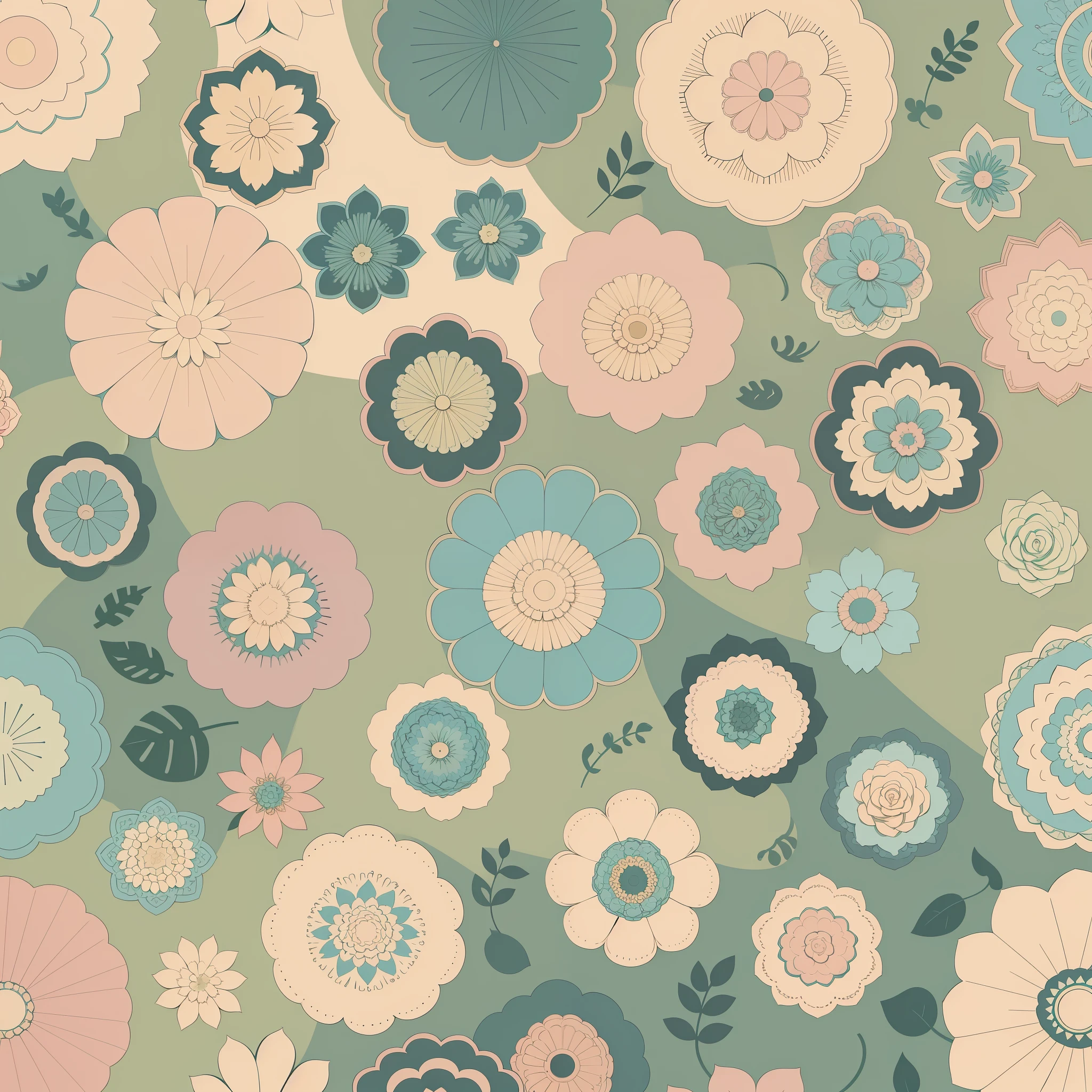 Set pattern of large flowers with plants, defined shape, flat style, vector style, drawing style, naïve style, wallpaper style, in soft pastel colors such as old pink, pastel blue, light blue, beige, pastel yellow. No shadows in the images.
