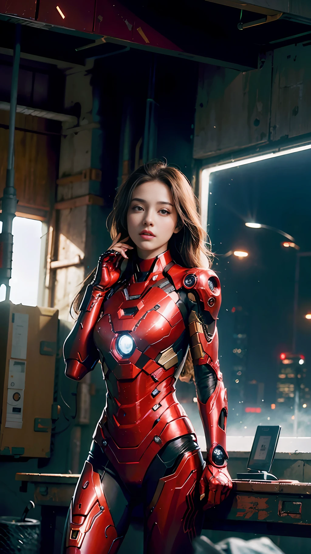 (1girl:1.3), solo,__body-parts__, official art, unity 8k wallpaper, ultra detailed, beautiful and aesthetic, beautiful, masterpiece, best quality, RAW, masterpiece, super fine photo,, best quality, super high Resolution, photorealistic, sunlight, full body portrait, stunningly beautiful,, dynamic pose, delicate face, vibrant eyes, (side view), she is wearing a futuristic Iron Man mech, red and gold, Highly detailed abandoned warehouse background, detailed face, detailed complex busy background, messy, gorgeous, milky, high detailed skin, realistic skin details, visible pores, sharp focus, volumetric fog, 8k uhd, dslr camera, High quality, film grain, fair skin, photorealism, lomography, sprawling metropolis in a futuristic dystopia, view from below, translucent